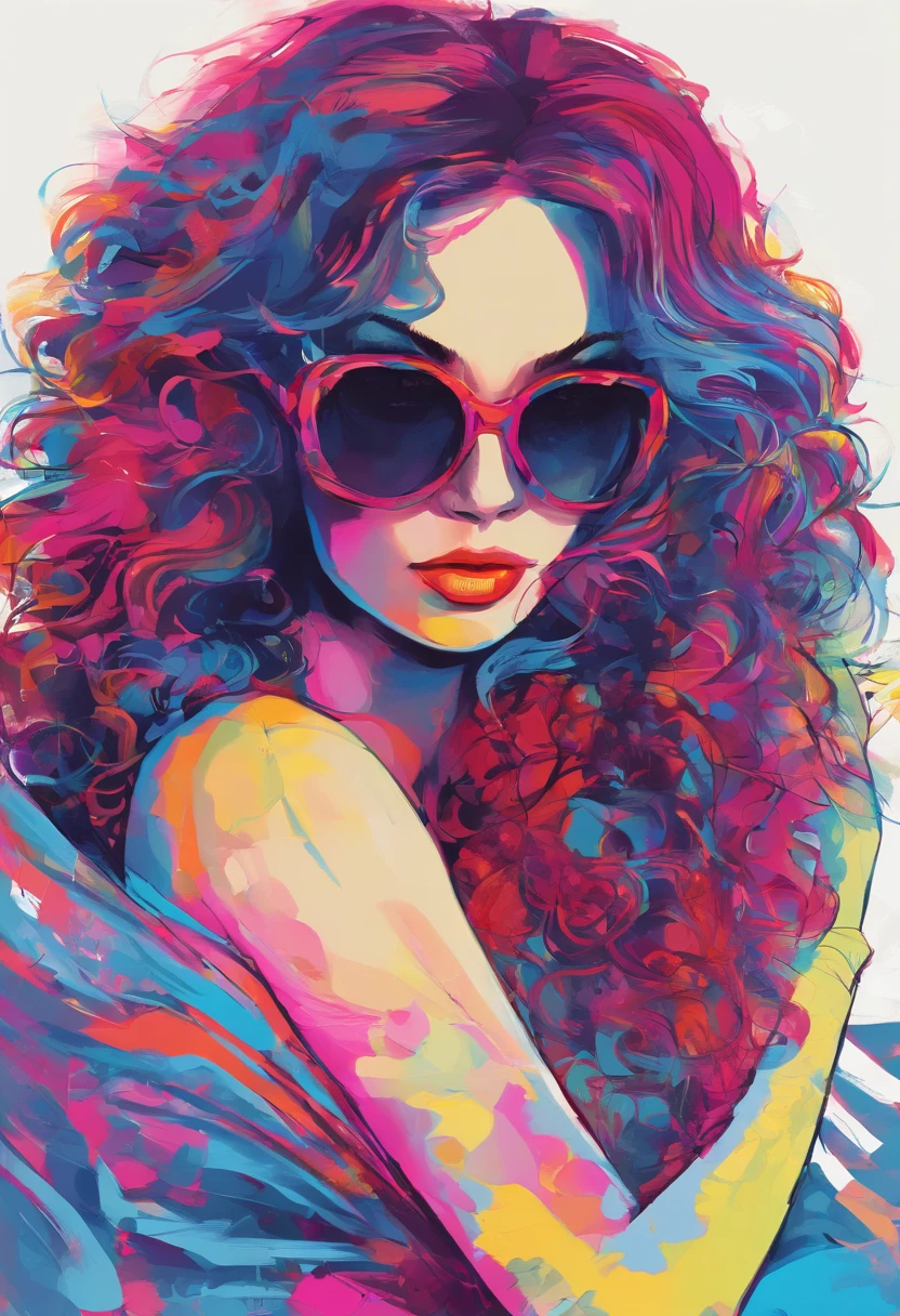 Portrait of a woman wearing fashionable neons. Full lips. Neon makeup. Pop art style. wearing sunglasses. Big curly hair. Red nails. Detailed hands. Detailed eyes. 1980s fashion. Highly detailed, ultra high definition. 80s vibe, 2d vector illustration portrait, beautiful, vibrant, digital art, beautiful painting, realistic, detailed, painting by olga shvartsur, svetlana novikova, fine art, soft watercolor, Flowing dress, Crossed eyes.
