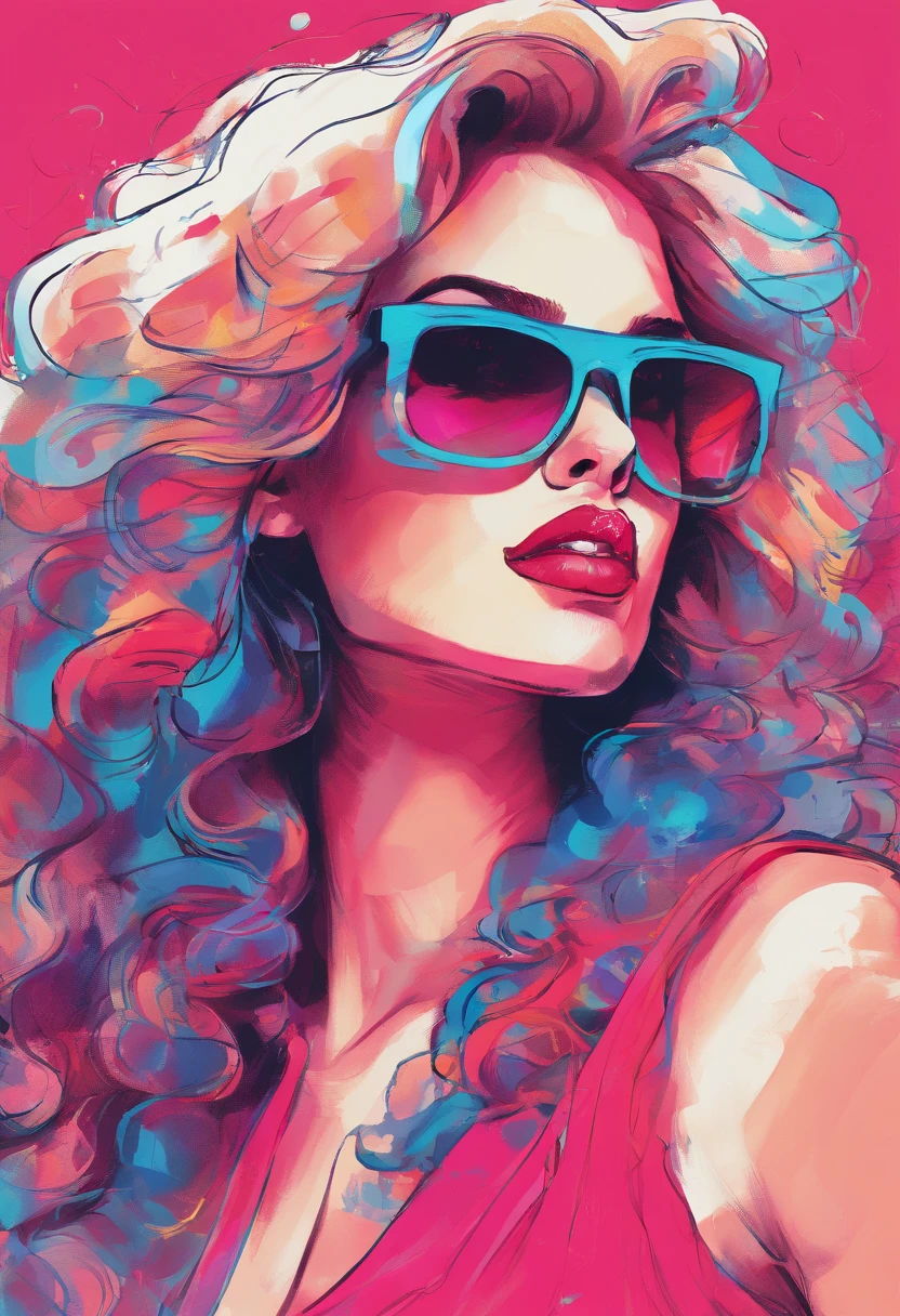 Portrait of  a woman wearing fashionable neons.   Full lips. Neon makeup. Pop art style. wearing sunglasses. Big curly hair. Red nails. Detailed hands. Detailed eyes. 1980s fashion. Highly detailed, ultra high definition. 80s vibe, 2d vector illustration portrait,  beautiful,  vibrant,  digital art, beautiful painting,  realistic,  detailed,  painting by olga shvartsur,  svetlana novikova,  fine art,  soft watercolor, Flowing dress, Crossed eyes.