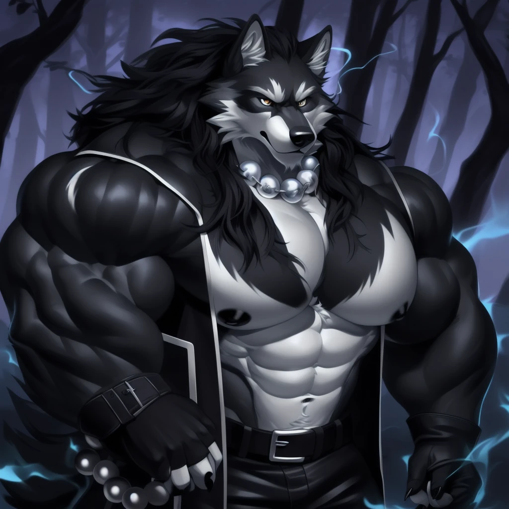 (upload on e621), (Masterpiece), (best quality), (ultra high res), 4K, (8k HD), 2D, (perfect anatomy), (digital art), (official art), (extreme detailed), (ultra detailed), (strapsanime), color, (soft shading), (sharp focus), (((silver electric aura both arms))), (((forest woods background))), 1man, (dark black body fur), (((silver pecs and belly))), (detailed fluffy fur), (ultra detailed face), detailed eyes, detailed iris eyes, detailed yellow eyes, white sclera, (black pupils), (((big navel))), (((abs))), (((fur pectoral))), (((black claw nails))), furry wolf male, mature male, (((giant size))), (((macro size))), (((full body))), (((dark black giant bulky muscular body fur))), canid, (((huge black nipples))), (huge muscles), (((hyper muscles))), (((huge pecs))), (((oversize pecs))), (((giant biceps))), canine, canis, mammal, (((powerful wolf god))), wolf male, fierce face, serious expression, (((badass))), wolf anthro, solo, standing, (((wearing full complete sleeveless long black and silver coat jacket))), (((black and silver full complete sleeveless long coat jacket))), (((dark black longest hair))), (((dark black longest back fur hair))), (((dark black longest hair fur front lay on pecs))), (((perfect fingers))), (((dark black hands and fingers))), (((wearing fingerless black and grey gloves))), (((black and grey fingerless gloves))), (((one black armbands on biceps))), (((three black armbands on forearms))) , (((large longer black prayer beads necklaces on pecs))), (((shiny effect on his prayer beads necklaces))), (((dark black and silver underside long wolf tail))), (((black long pants with silver designs with belt straps on leg))), (((silver electric aura flow entire body)))
