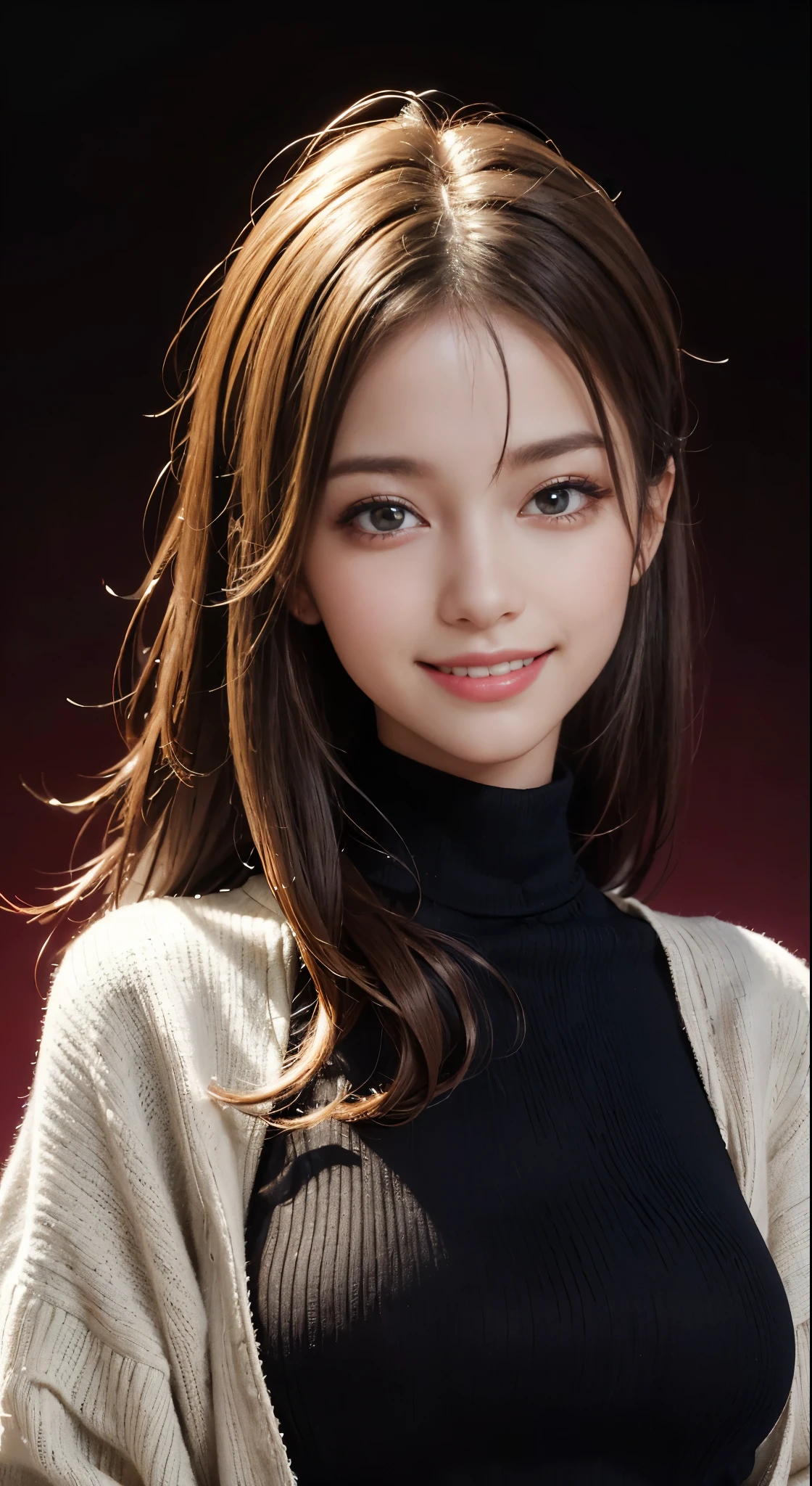 {{8K}, {Super detailed}, {Accurate}, {highest quality}},{1 girl:smile:Smuri, turtleneck sweater},simple background, {red background},