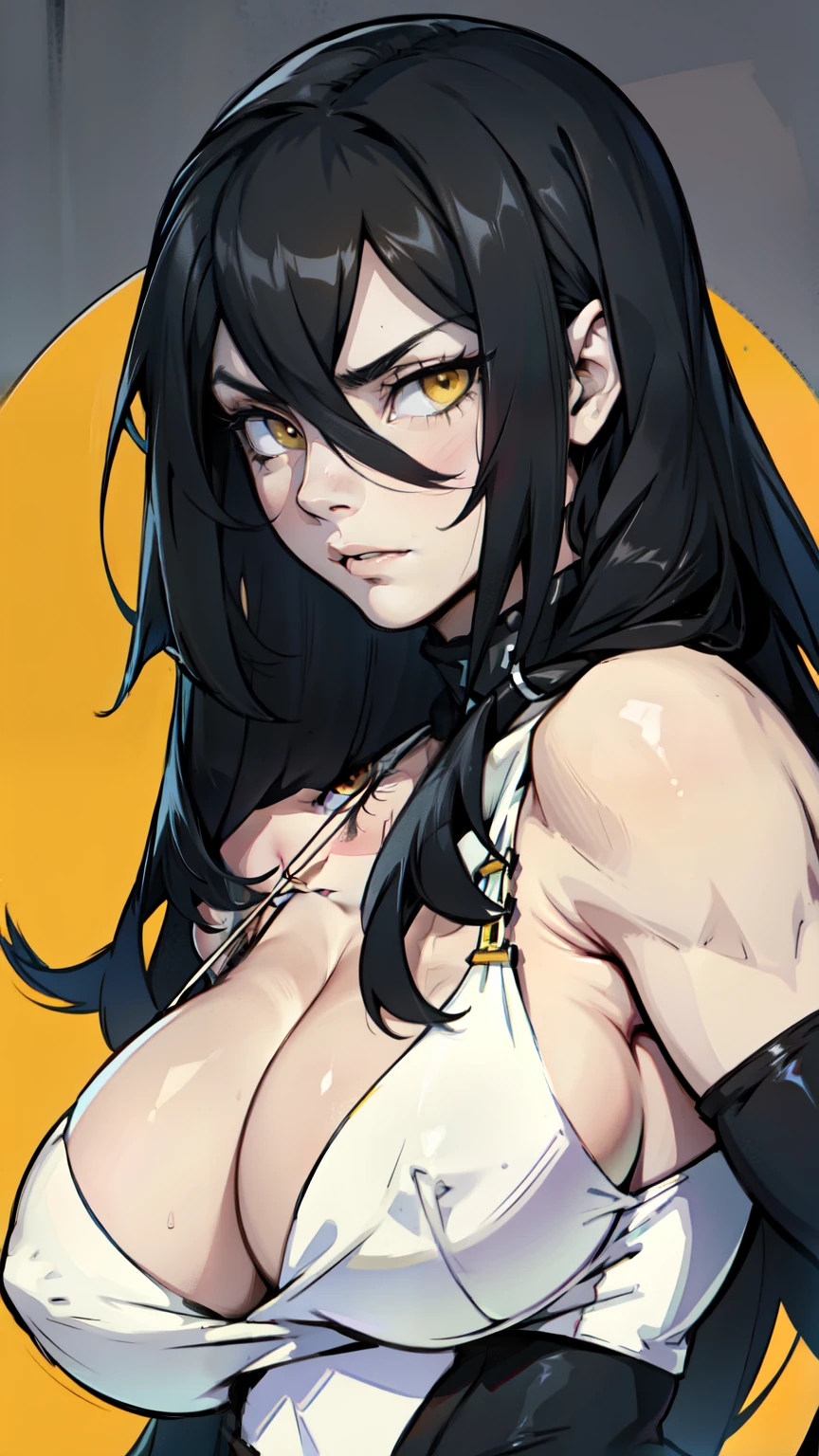 pale girl muscular girl huge breasts black hair yellow eyes expressionless sad long hair hair between eyes