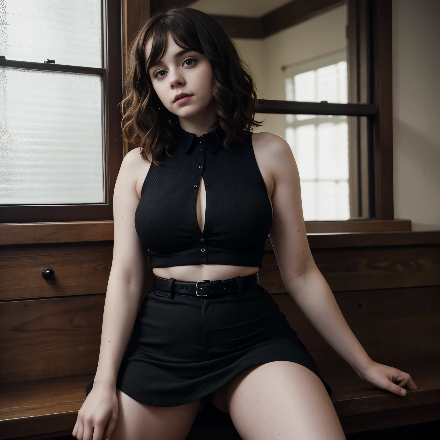 Sophia Lillis, long wavy hair, curvy body, thick thighs, goth