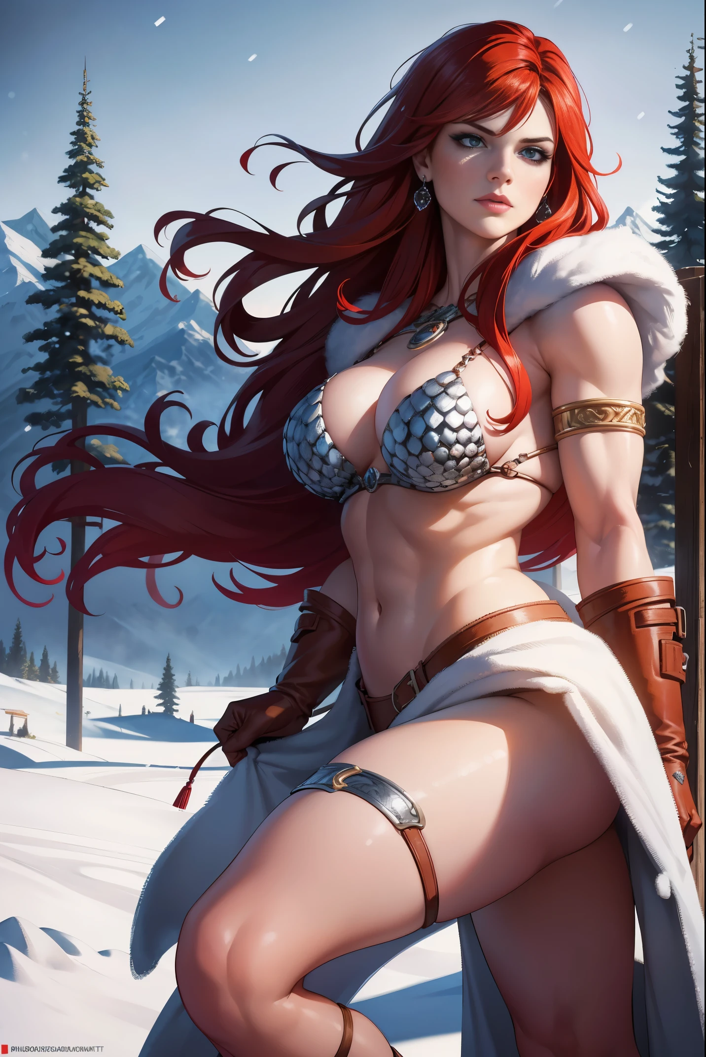 sexy red sonja in the winter,detailed red warrior outfit,brave and alluring expression,powerful and confident pose,vibrant red hair flowing in the wind,beautiful detailed eyes,beautiful detailed lips,strong and muscular physique,scenery with snowy mountains in the background,icy and cold atmosphere,sunlight shining through the trees,soft and warm sunlight illuminating her face,high contrast and dynamic lighting,strong highlights and deep shadows,best quality,ultra-detailed,realistic:1.37,HDR,studio lighting,sharp focus,professional,vivid colors,bokeh,concept artists,high contrast,colorful and vibrant color palette