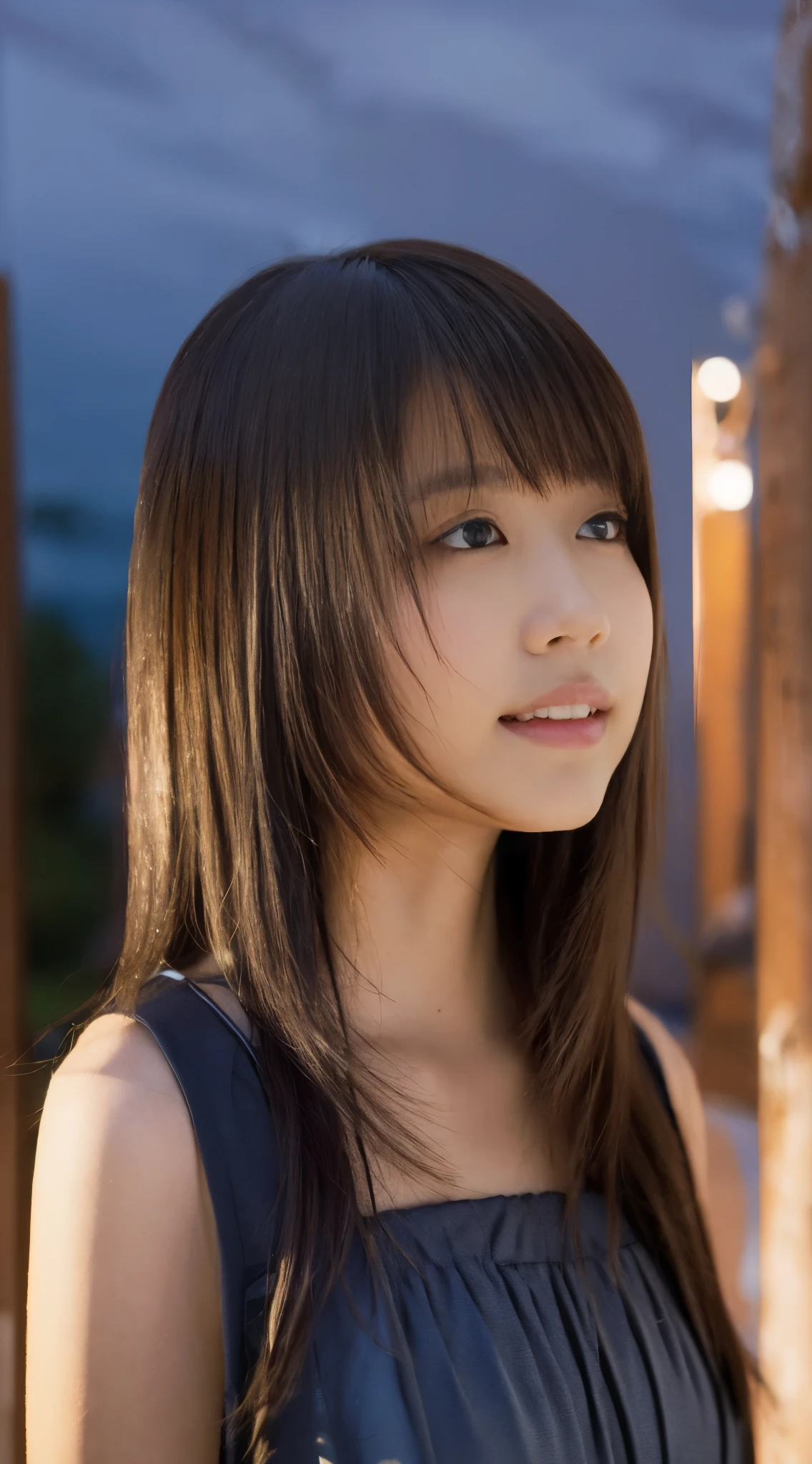 masutepiece, Best Quality, 8K, 8years old, Teen, Raw photo, absurderes, award winning portrait, Smile, Solo, (Night:1.8), Idol face, Delicate girl, Upper body, Digital SLR, Looking at Viewer, Candid, Sophisticated,Thin arms, Professional Lighting, Film grain, chromatic abberation, (Eyes and faces with detailed:1.0), (physician:1.1) , (Non-black blouses:1.1) , closes mouth , A dark-haired , drooing eyes , Average-sized breasts