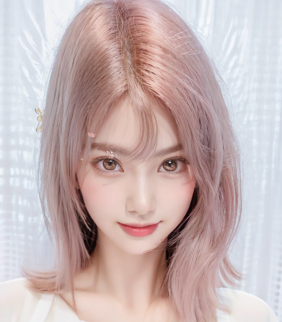 realistic pictures:3、woman、white skin、Beautiful and cute face like a doll、large, round eyes、Crystal clear ruby red eyes:1.5、high nose、asian beauty、Thin double eyelids、smile、light pink lips、Bright brown hair、Garnet hair ornament on the right side of the head、The cutest in the world