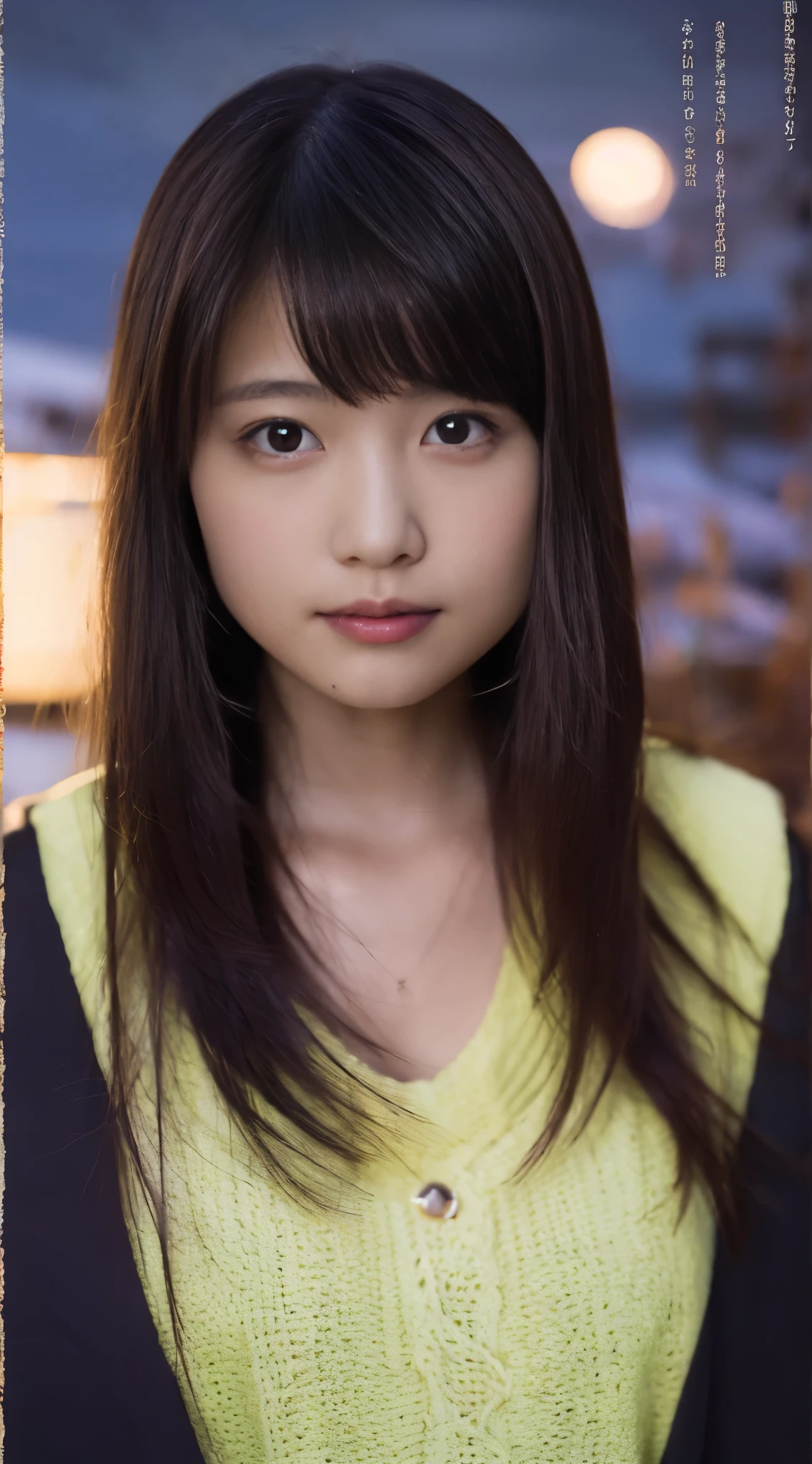 masutepiece, Best Quality, 8K, 8years old, Teen, Raw photo, absurderes, award winning portrait, Smile, Solo, (Night:1.8), Idol face, Delicate girl, Upper body, Digital SLR, Looking at Viewer, Candid, Sophisticated,Thin arms, Professional Lighting, Film grain, chromatic abberation, (Eyes and faces with detailed:1.0), (physician:1.1) , (Non-black blouses:1.1) , closes mouth , A dark-haired , drooing eyes , Average-sized breasts