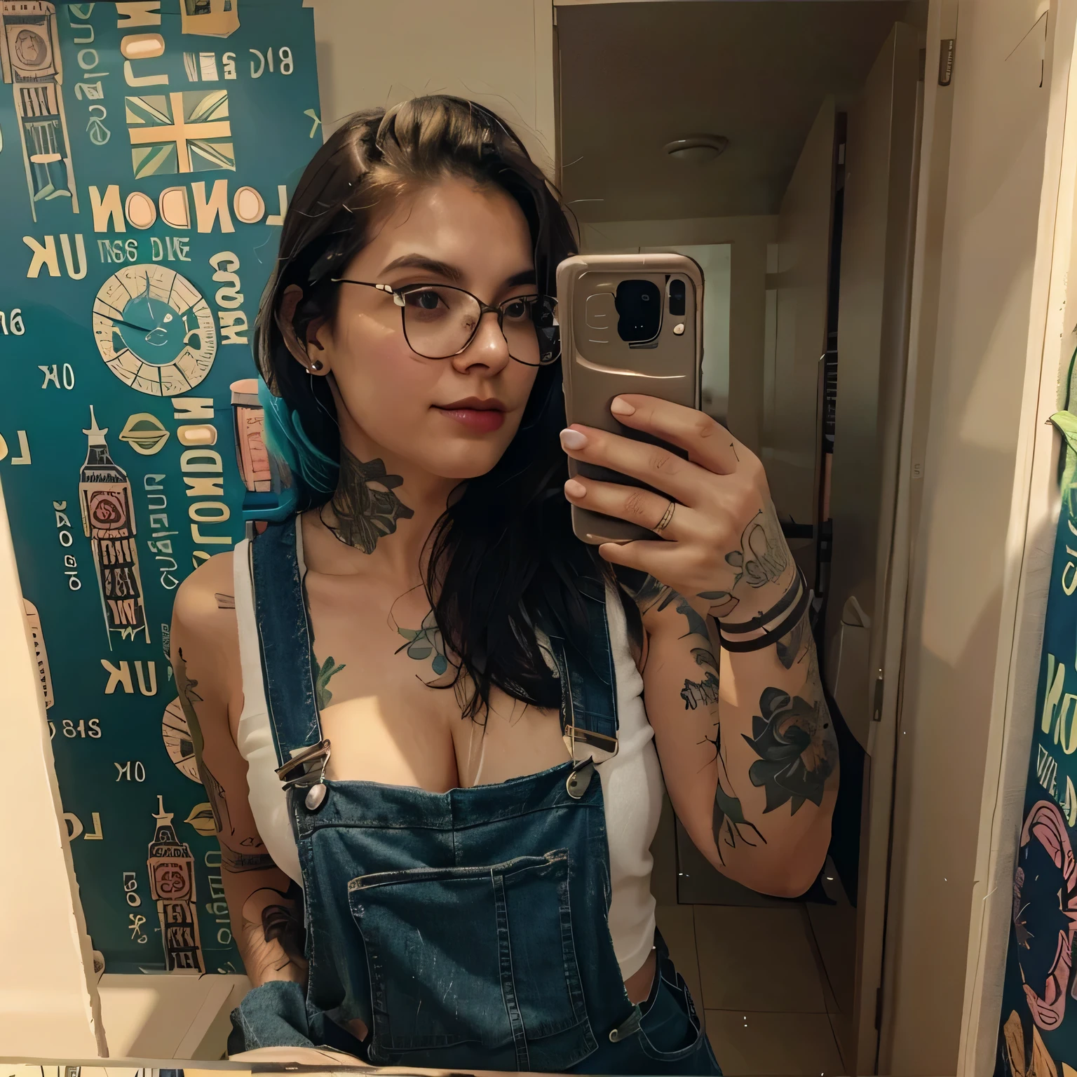 Mulher que tira uma selfie no espelho com um celular, imagem de perfil, foto tirada em 2 0 2 0, tatuado, com tatuagens, wearing dirty overalls, tatuagens e piercings, 23 anos, tatuado, powder Nándor Katona, 22 anos de idade, 28 anos de idade, 27 anos de idade, 24 anos de idade
