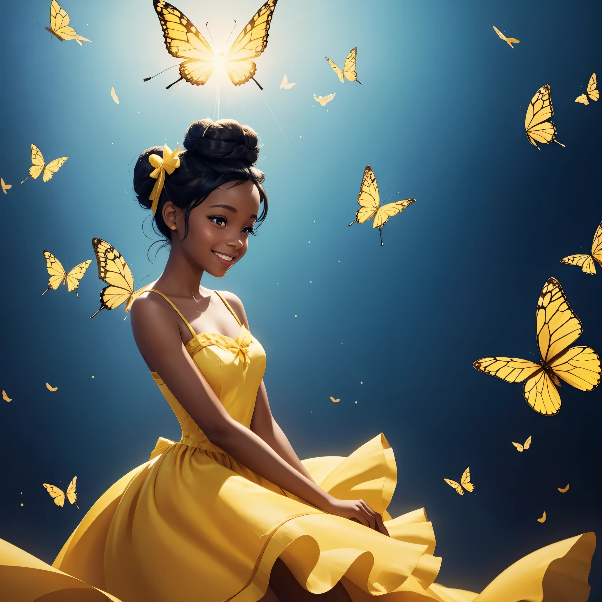 Create an illustration of Princess Tiana, alone, black hair with a bun, Disney style, yellow silk dress, bow in her hair, full body illustration. With butterflies flying. Light blue background with nothing, open eyes, smiles, perfectly centered!! looking up!!! cinematic lighting. digital art