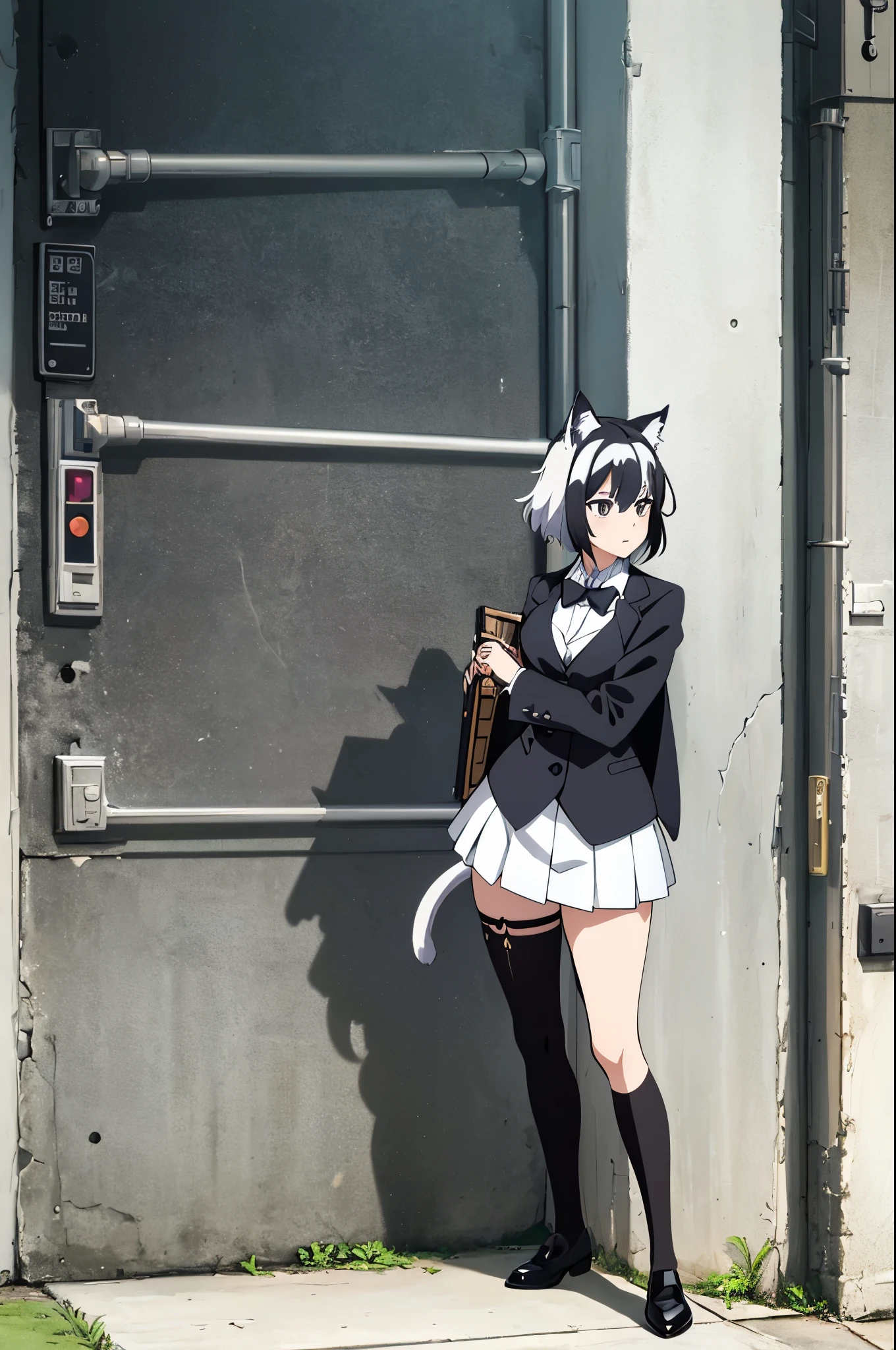 1 woman, :3 face, black and white multi colored hair, short black-white hair, cat ears, cat tail, rpg video game styled princess vest, box pleat skirt, black school thigh-highs, loafers, pushing back hair, holding katana, rpg background, full body portrait.
