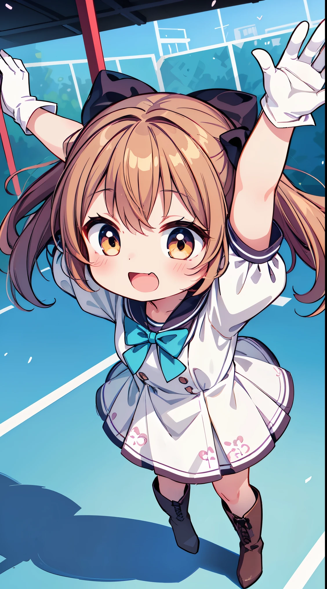(masterpiece, top quality, best quality, official art, beautiful and aesthetic:1.2),ultra-detailed,intricate details,amazing illustration,award-winning art,atmospheric, 
 
(Cute:1.5),(Chibi:0.5),(kawaii:2.0),(Lori:2.0),(7 year old girl),(Solo:1.65),BREAK, (flat chest:1.2,), Clear skin, Beautiful skin, Shy, One beautiful little girl,Colossal tits(Hair Bow, reddish brown hair, Twin-tailed:1.2), (Brown eyes, long eyelashes, Double eyelids: 1.2), Shiny skin, BREAK, Star \(symbol\, (gloves, White Gloves:1.3), (bug, Dress,polka dot:1.3) , Looking at Viewer,(long boots:1.2),BREAK,from the front side, dynamic angle,plein air,（Happy,:D,Standing,Making a fireball with her right hand:1.3),BREAK,(Outdoors, playground, School Grounds, school ground:1.2),(Physical Education:1.3),(Per class:1.3),field day,

BREAK,wakame,wakame,wakame,(dynamic angle:1.4), (Bending forward, arms up:1.25),from above,

BREAK,(Blurry background:1.3),(absurderes, hight resolution, Super Detail Art),cel shading,Clear Color, Lonely optical effect, Beautiful pictures, Bright glow, mystic atmosphere,(Close-up of girl:0.3), Mystical light particle effect,manga influence, clean line drawings,

BREAK,
