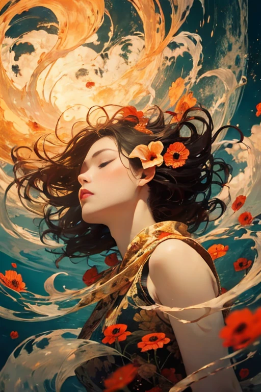 woman floating on her back in the air, (vulv hair), limp body, asleep, vibrant opalescent lighting, flecks in the air, dynamic lighting, warm color pallet, thick knit, brocade, gold carp and poppies, swirling air movement,