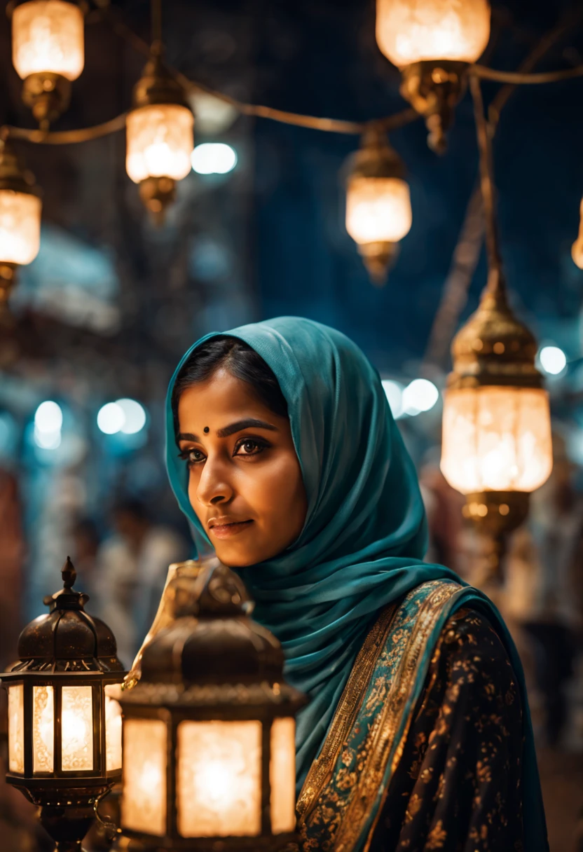 wide angle, Stunning masterpiece, beautiful indian muslim woman,Black shinny hair,straight,20 years old, weared blue pastel hejab, on market traditional, lamps , a cinematic grading, realistic, detiled, night, depth blur, bright light