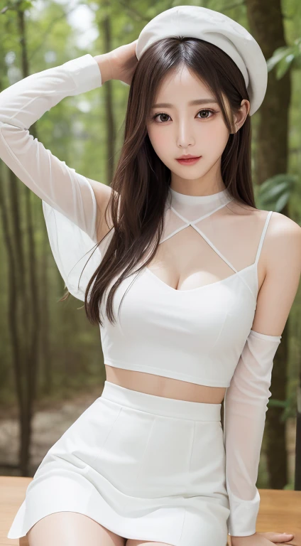 (highest quality, table top, Ultra HD: 1.3), 1 female, (medium breasts), black hair, dull bangs, hair behind the ear, hair on shoulders, (long hair),( slender body shape), )Extra-fine face), delicate lips,(beautiful eyes), light blush, eyes are black, perfect shiny skin, perfect skin, (Shining sweat),clavicle, armpit,watch here, hide your hands, see-through white blouse, White see-through tight skirt, Weak low heels. white beret, bust shot,broad-leaved forest