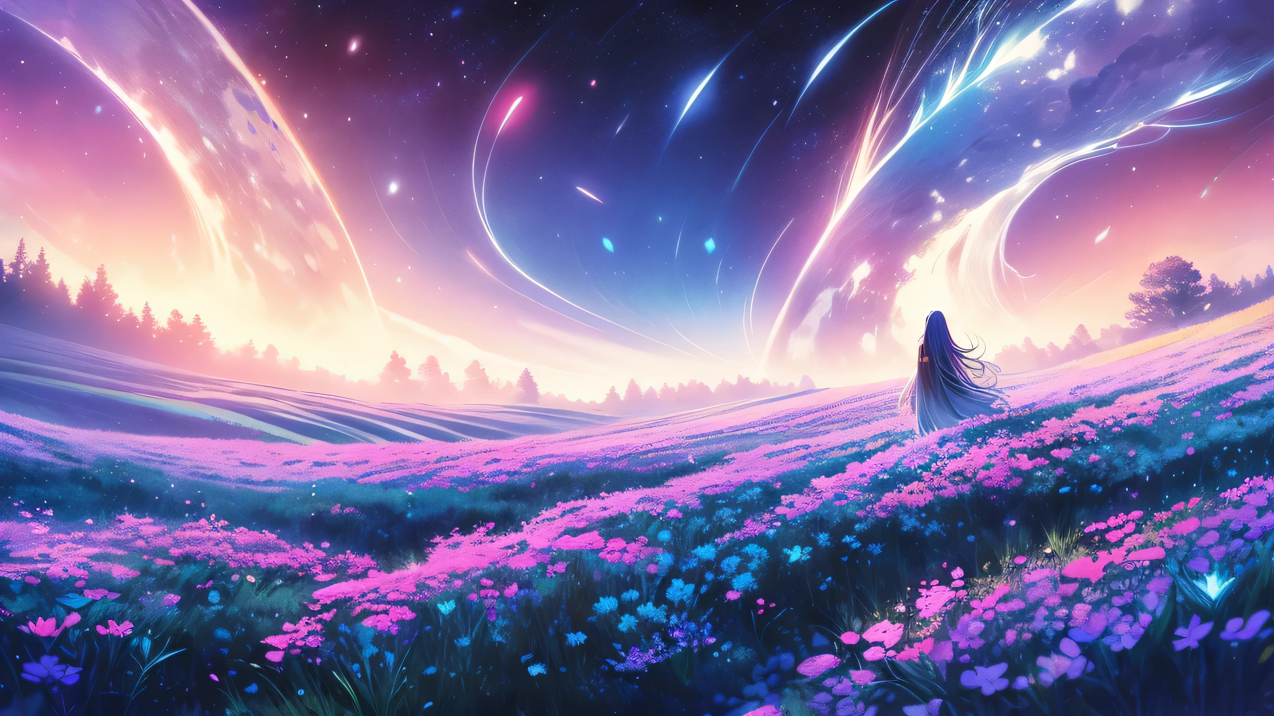 (absurdres, highres, ultra detailed, UHD, cinematic), solo, 1girl, mature, happy, girl standing in light blue flower field, light blue flower petal surrounding girl, full body, blue long hair girl, light blue hair, fantasy, dreamy, snowy, official art, pop art, profile, ultra detailed face, ultra detailed eyes, light blue flower field, ultra detailed field, white blue sky, cold, light blue, white,  nebula in the sky, blue tree, watercolor, pastel color