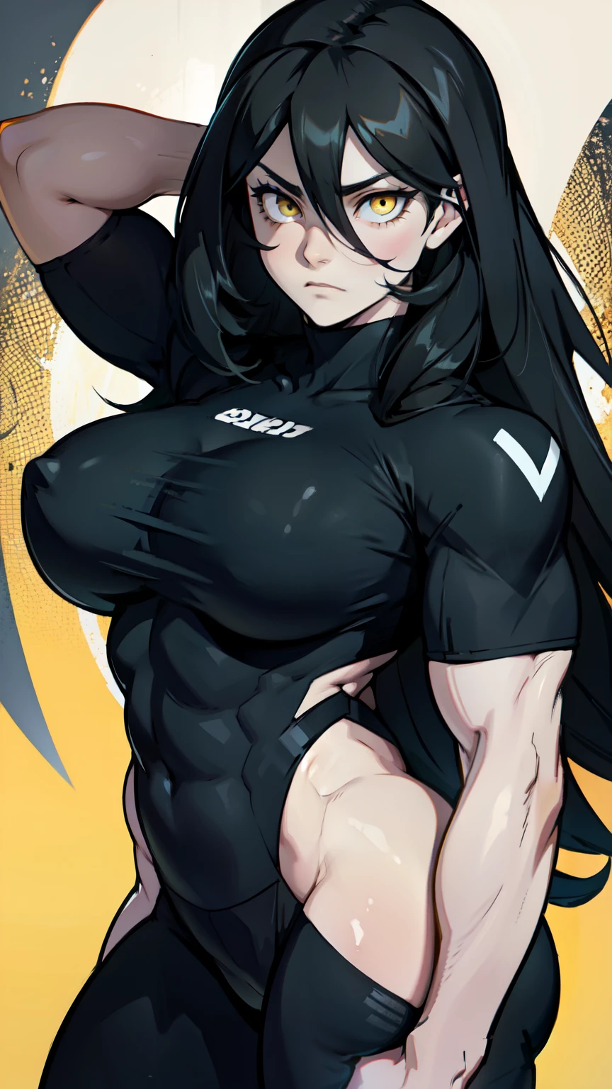 pale girl muscular girl huge breasts black hair yellow eyes expressionless sad long hair hair between eyes