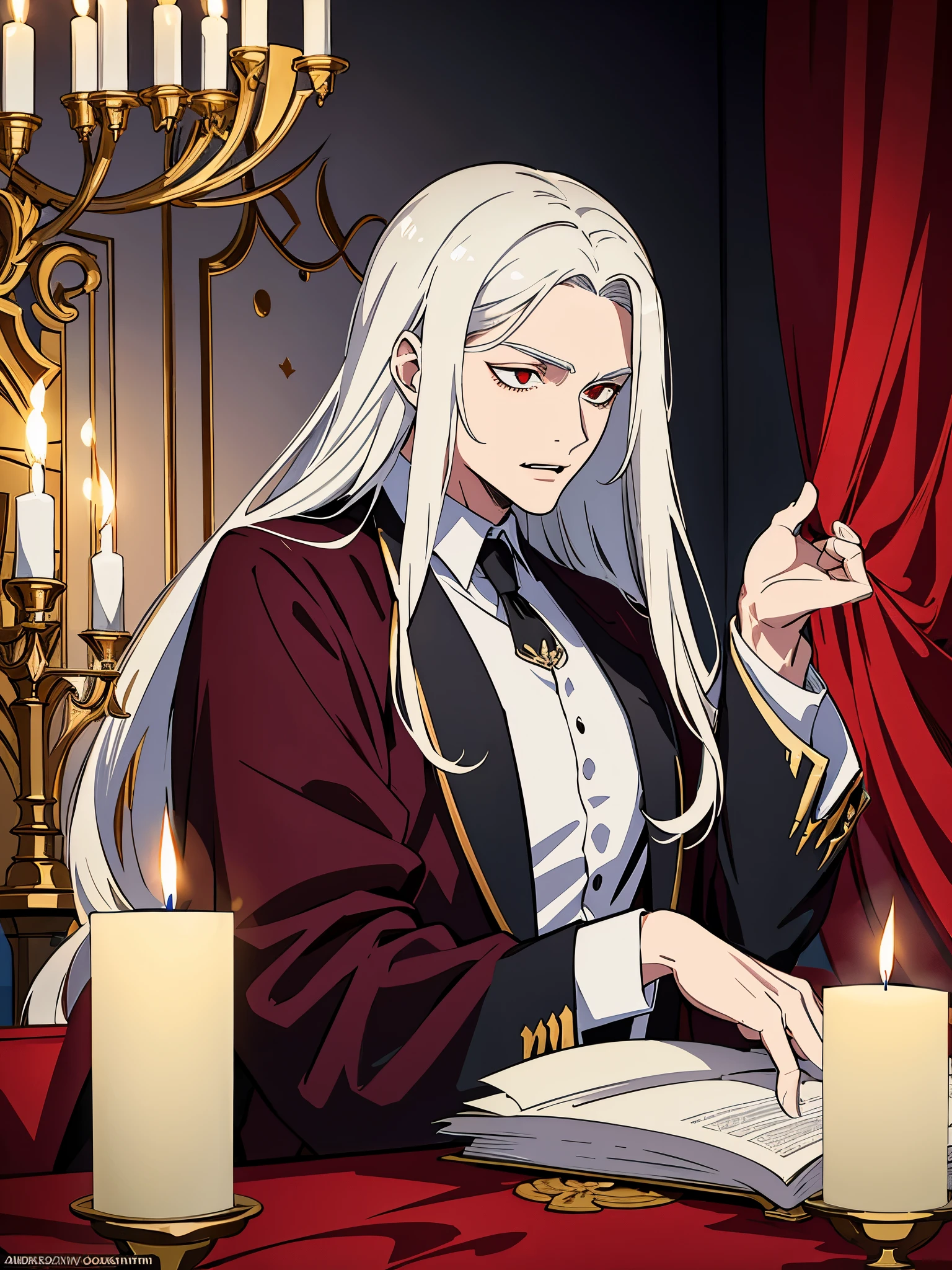 2d illustration, best quality, ultra detailed, 32k, vampire lord, man, long white hair, wearing an elegant outfit, background with a candlelit castle