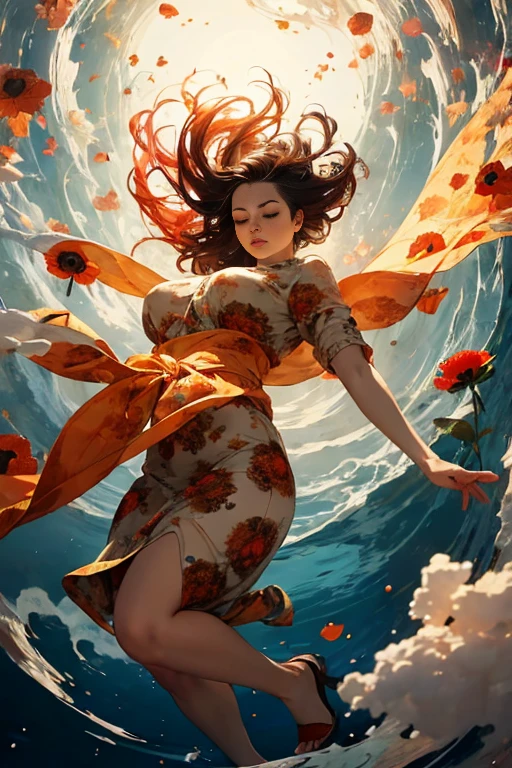 woman floating on her back in the air, (vulv hair), limp body, asleep, vibrant opalescent lighting, flecks in the air, dynamic lighting, warm color pallet, thick knit, brocade, gold carp and poppies, swirling air movement, wide angle, full body view, loose fabric, 