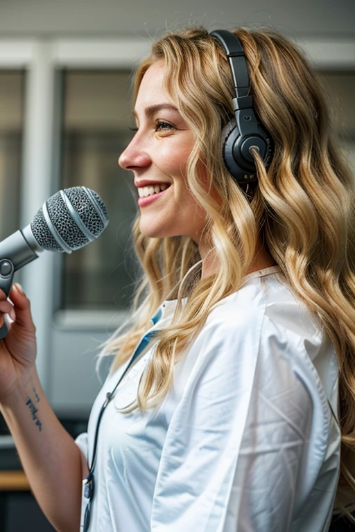 Ultra-realistic beautiful lady with a smile on her face, podcast artist, blonde wavy hair, speaking into microphone, right profile