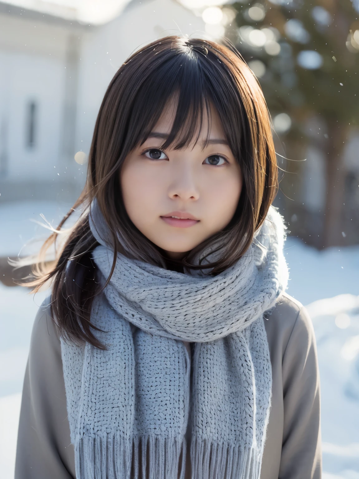 ((Upper body、No makeup))、(realistic、Photoreal、super detailed、best detailed skins、highest quality、masterpiece、Super high resolution)、cute japanese woman、17 years old、high school girl、young girl、1 girl、have bangs、double eyelid、drooling eyes、big black eyes、Japanese style face、smile、attractive、purity、Clear face、double teeth、watch here、realistic肌タイプ、thick muffler、Grey muffler、fluffy hair、((hair is inside the scarf:1.3))、red cheeks、the wind is blowing、It's snowing、illumination、Light is shining from behind