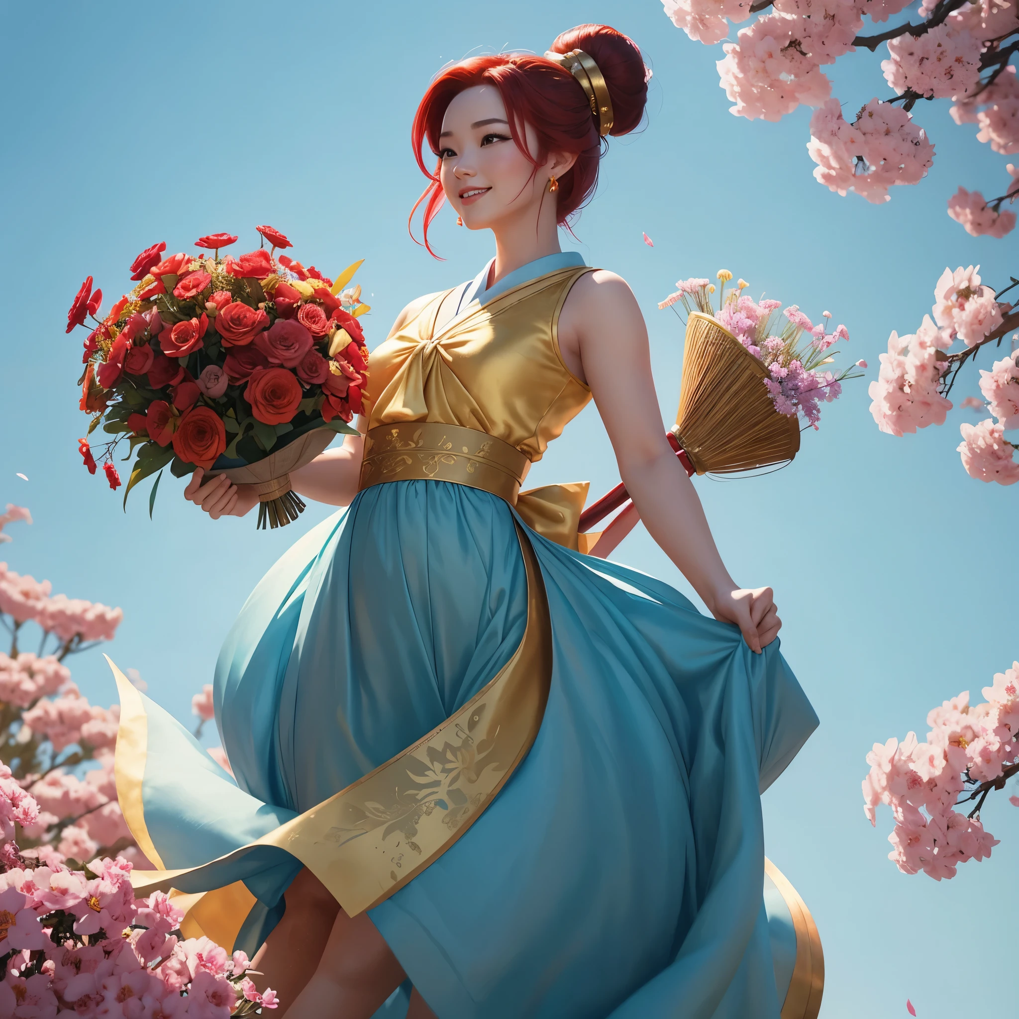 Create Princess Mulan in Disney style with a gold silk dress. red hair, with bright bun, small bow, full body illustration.Looking up. With many flowers in her hands. Light blue background with nothing, open eyes, smiles, perfectly centered!! looking up!!! cinematic lighting, gathering, painting by artgerm.
