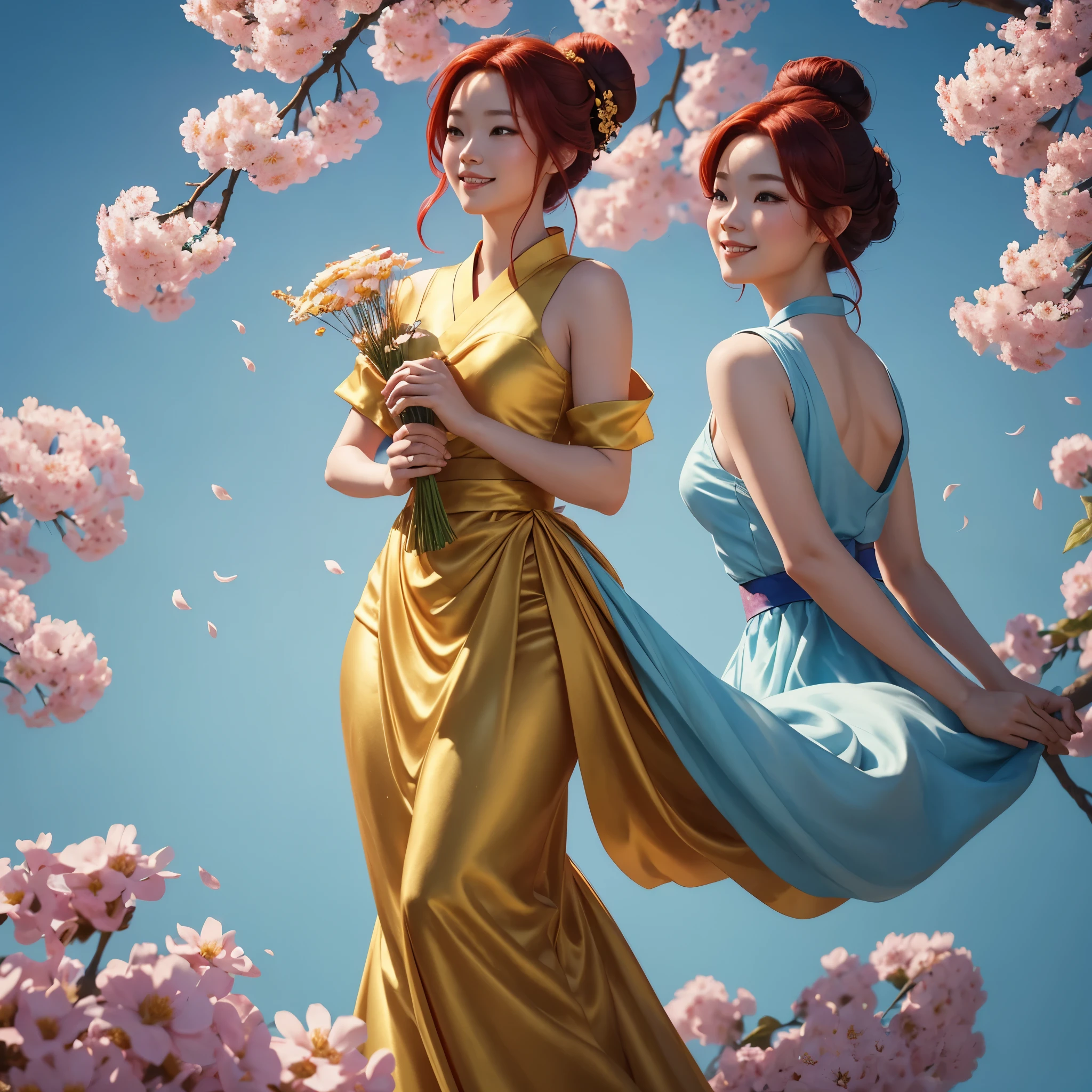 Create Princess Mulan in Disney style with a gold silk dress. red hair, with bright bun, small bow, full body illustration.Looking up. With many flowers in her hands. Light blue background with nothing, open eyes, smiles, perfectly centered!! looking up!!! cinematic lighting, gathering, painting by artgerm.
