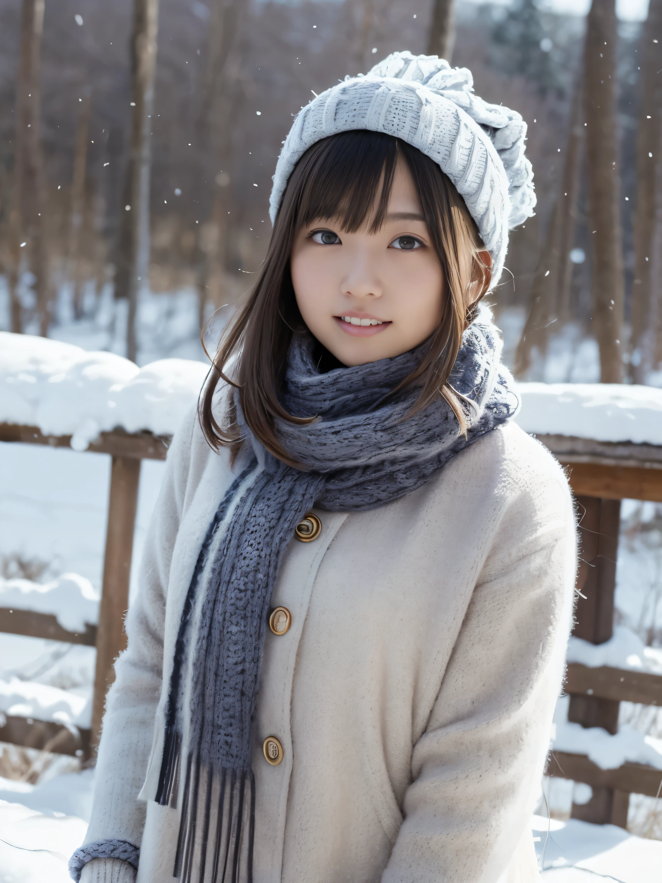 ((Upper body、from the waist up、no makeup))、(realistic、Photoreal、Super detailed、best detailed skins、highest quality、masterpiece、ultra high resolution)、cute japanese woman、、high school girl、young girl、1 girl、have bangs、double eyelid、drooling eyes、big black eyes、Japanese style face、smile、Charm、purity、clean face、double teeth、watch here、realistic肌タイプ、thick muffler、Grey muffler、fluffy hair、((hair is inside the scarf:1.3))、red cheeks、the wind is blowing、that'It's snowing、illumination、Light is coming in from behind、smile、please open your mouth wide