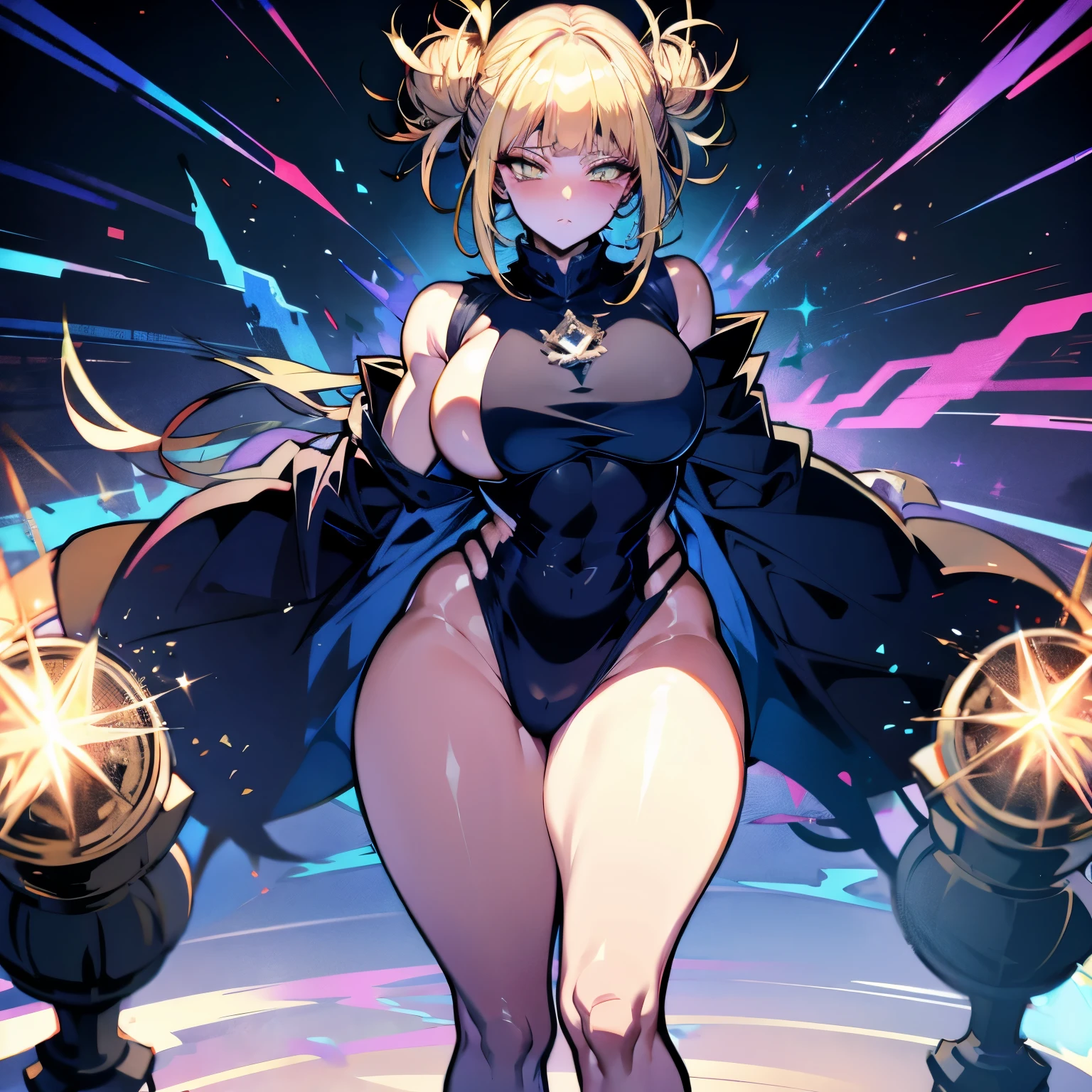 great quality, (1 women), very focused face, himiko toga, diamond face, perfect eyes, (standing), (wearing mage robe), mage robe, magic, (casting), blonde pony tail, strong shadows, full body, detailed face, (casting spell), blue flashes of light, blue sparks, in battle, detailed abs, shinying eyes, (masterpiece), direct light, underlight, strong jaw, (large boobs), massive ass, thick thighs, (long torso), wide waist, skinny torso, fit, perfect face, sexy, (blushing),