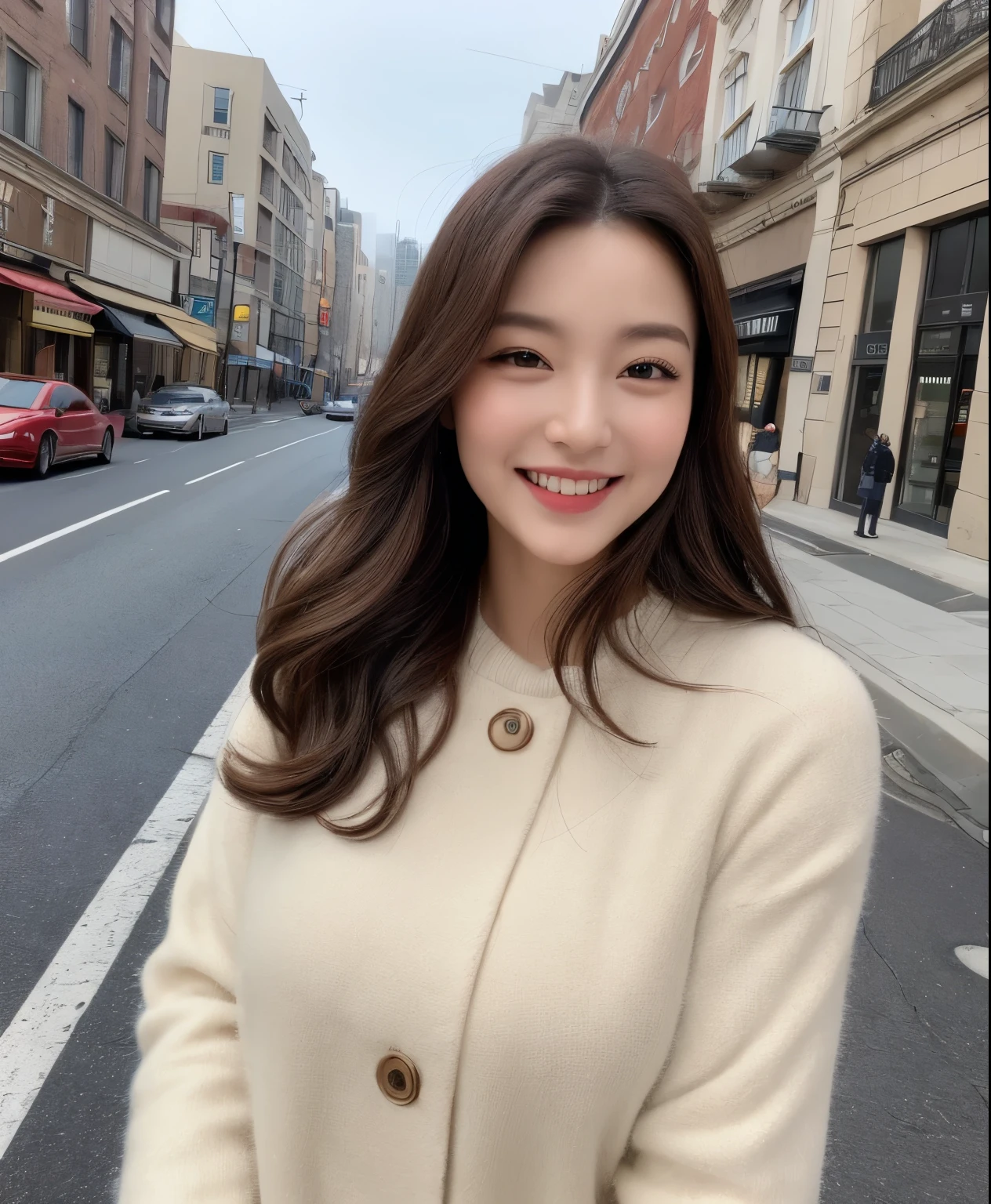 ((highest quality、In 8K、masterpiece:1.3))、1 girl、Beautiful woman with plump abs emphasized:1.3、(long hair、huge boobs:1.2)、In the city、Super delicate face、healthy、double eyelid、toothy smile、wear a shirt、Looking at the camera、a big smile、look at me、Look at me with your eyes wide open、Cozy feeling、Walking around town、winter clothes