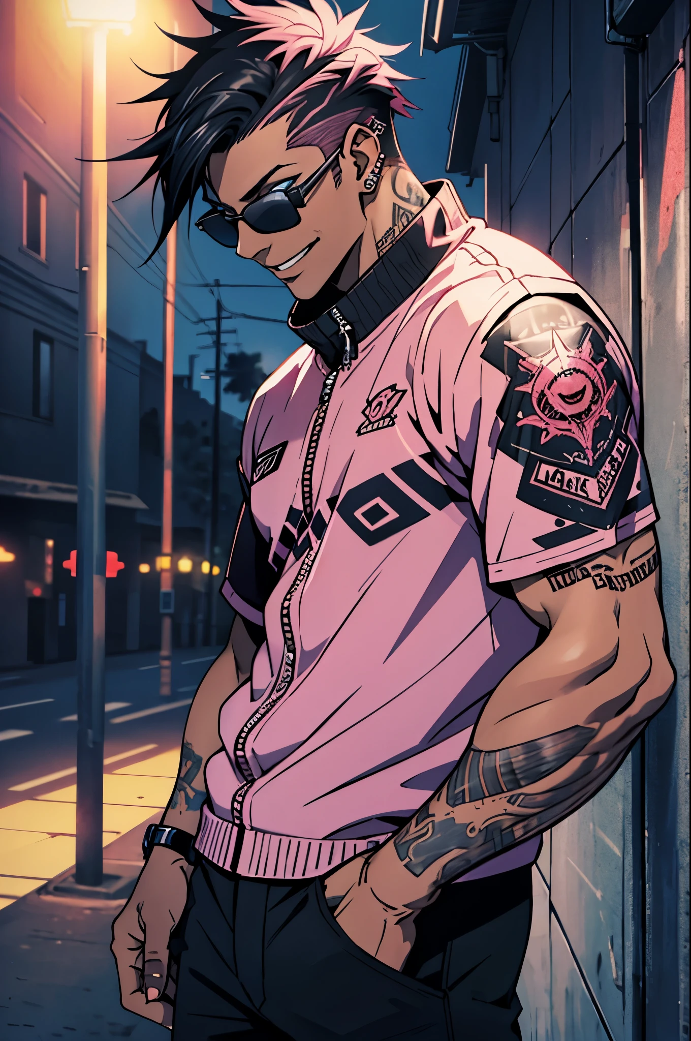 Black young man, punk clothes, cool sun glasses, punk hair, black hair, pink hair, piercings, tattoo, smile, Night, dark place, black man, dark blue eyes