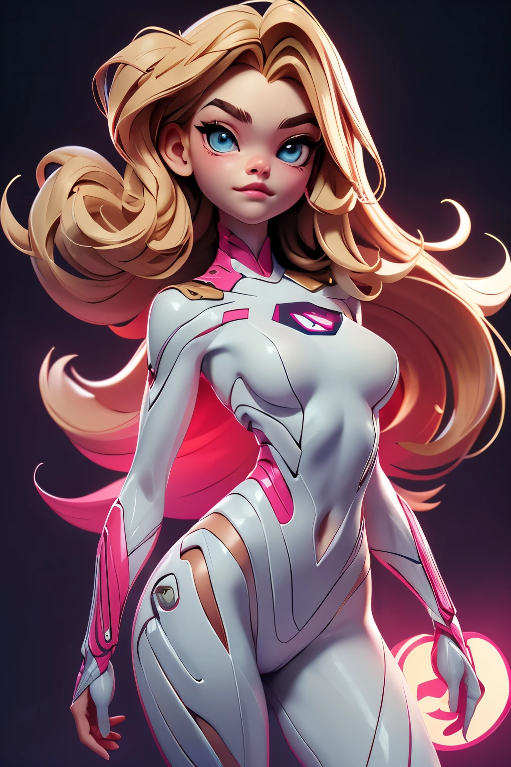 garota superhero ("Elle Fanning"), (corpo magro:1.3), long neck, sobrancelhas grossas, cabelos brancos, Emissivo, Cintilante, neon, (Anatomia correta:1.4), ciborgue