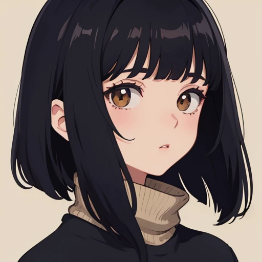 full body shot of a woman、blank background、Long skirt in beige color、navy turtleneck sweater、looking here、black hair、have bangs、black boots、Added a close-up illustration of the face to the side