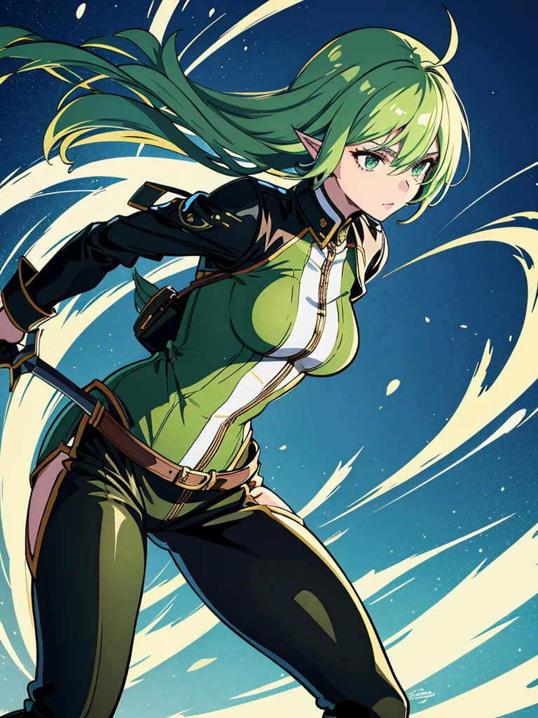 2d illustration, best quality, ultra detailed, 32k, woman, shapely body, slim fit, elfin, light green hair, leather outfit, holding an arrow, dynamic position, dynamic angle.