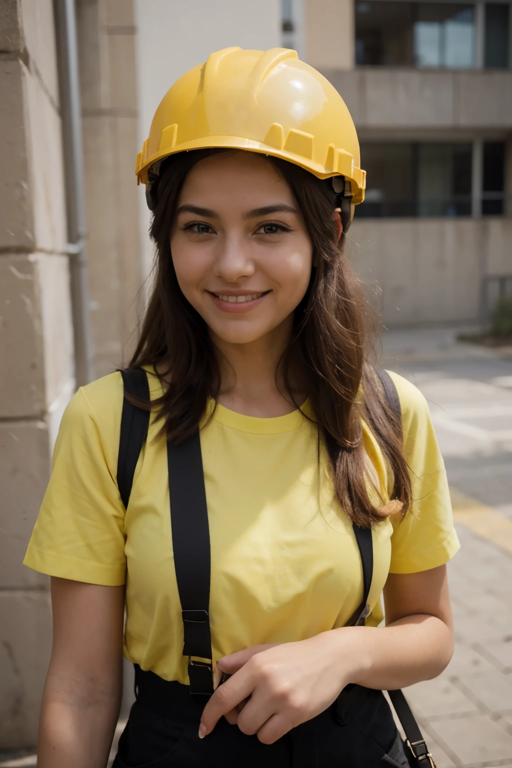 mujer bella, ingeniera de obras, con casco amarillo, sonriendo

