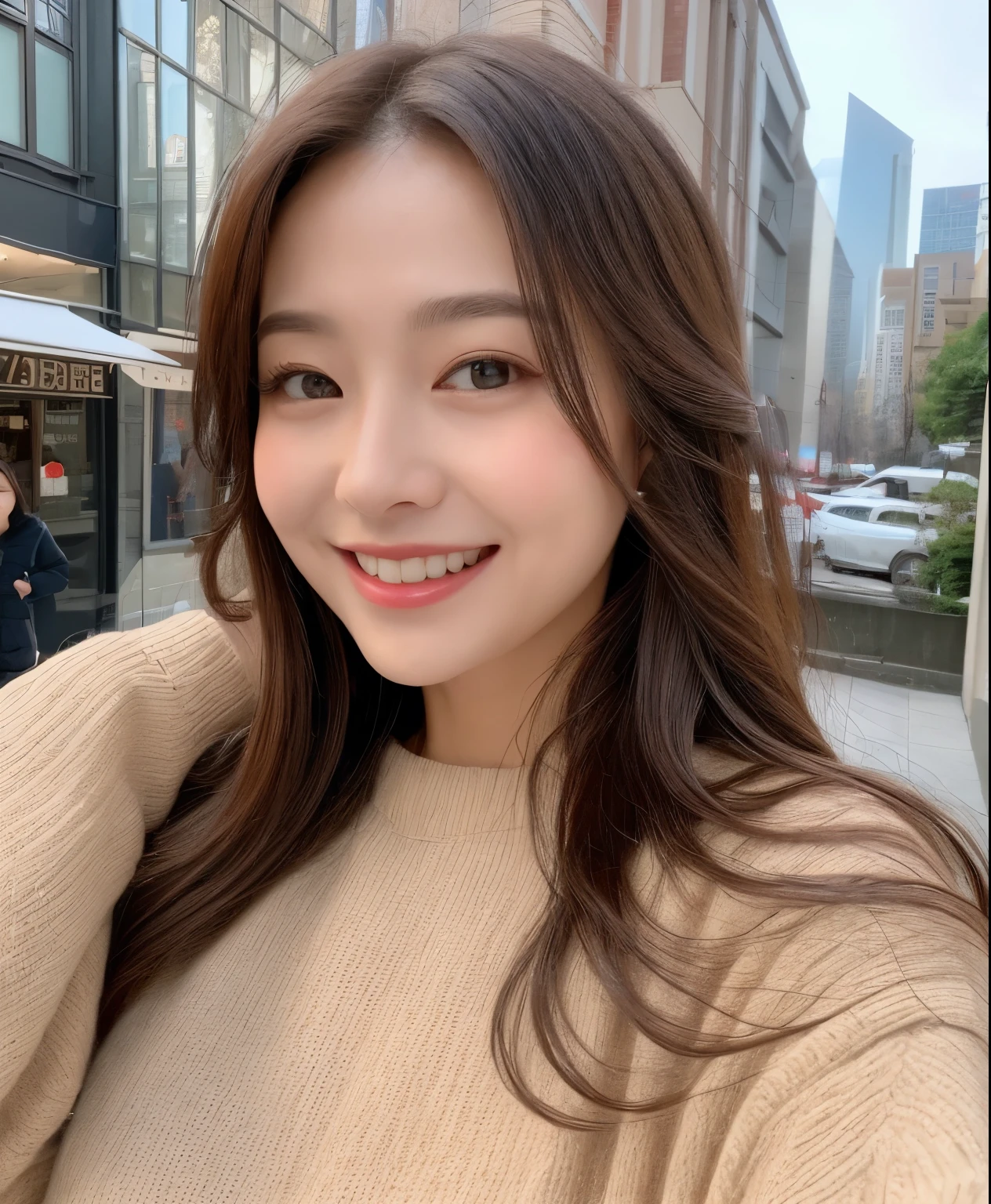 ((highest quality、In 8K、masterpiece:1.3))、1 girl、Beautiful woman with plump abs emphasized:1.3、(long hair、huge boobs:1.2)、In the city、Super delicate face、healthy、double eyelid、toothy smile、wear a shirt、Looking at the camera、a big smile、look at me、Look at me with your eyes wide open、Cozy feeling、Walking around town、winter clothes
