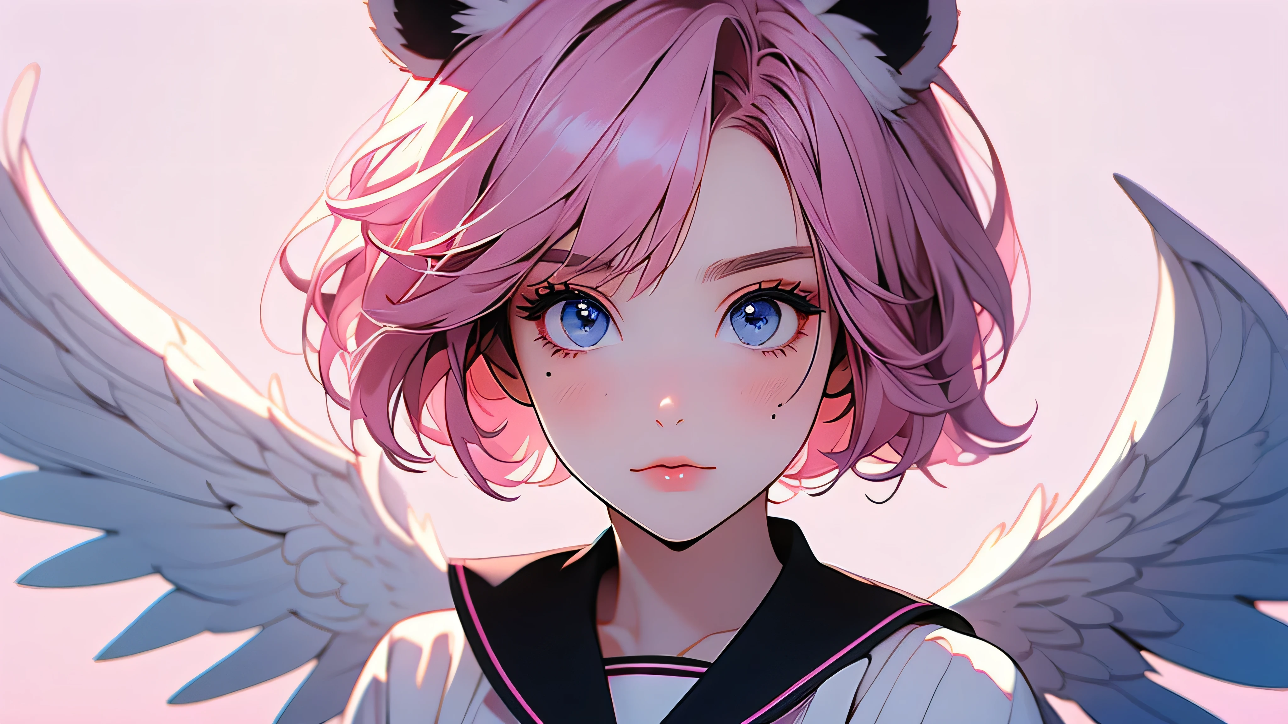 skistyle, 1girl, solo, pink hair, animal ears, blue eyes, wings, looking at viewer, mole, bangs, short hair, bow, sailor collar, simple background, white sailor collar, mole under mouth, hair bow, pink bow, closed mouth, shirt, white shirt, bear ears, bob cut, mini wings, grey background, portrait, detached wings, makeup, upper body, white background