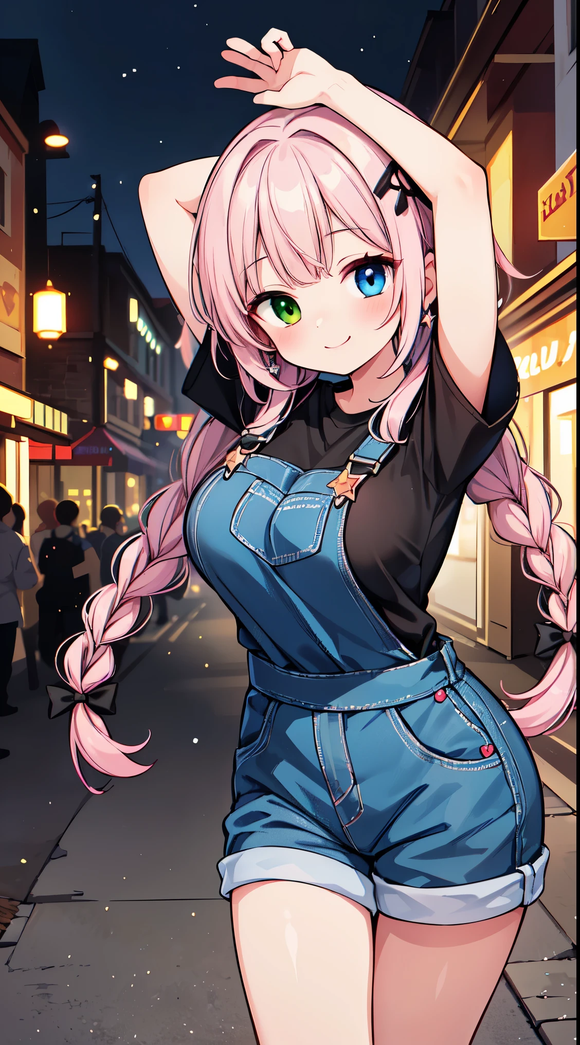 (masterpiece, top quality, best quality, official art, beautiful and aesthetic:1.2),ultra-detailed,intricate details,amazing illustration,award-winning art,atmospheric, 

BREAK, one beautiful girl, (17 year old girl),alone,(kawaii:1.5),(Chibi:0.6),(cute:1.5),(loli:0.5),break,(17 year old girl), one beautiful girl,very detailed,Colorful,best details,transparent skin,Shining beautiful skin,shy,very detailed,Colorful,best details,break,transparent skin,Shining beautiful skin,shy skin,break,(heterochromia,blue eyes,green eyes, eye highlights,first ultrafine star:1.45),star eye silhouette ,BREAK,(pink hair,  semi-long hair, bow:1.4),(twin braids,slightly curly hair,princess cut, crossed bangs:1.3),(big breasts,beautiful breasts,big breasts:1.5),(long eyelashes, double eyelid:1.2),alone,glowing skin, transparent skin, Shining beautiful skin,(highest quality face),(highest quality bright eyes),(light smile:1.45),

BREAK,( shirt, black shirt, t-shirt, watch viewer, short sleeves, bangs, blue overalls, blush,Two heart hairpins in the forelock, :1.2), (star-shaped earring:1.1), (Lace headband:1.0), 

BREAK,(morning), The girl is breakdancing on the city street,(The city at night is wrapped in beautiful flowers of light. This light illuminates the buildings and streets of the city, dispelling the darkness. The flowers of light brighten people’s hearts and bring hope and joy. This scene is a symbol of beauty and hope, a moving moment.)depth of fields,

BREAK,wakame,wakame,wakame,(Cowboy Shot:1.4), (Bending forward, arms up:1.25),from above,

BREAK,(Blurry background:1.3),(absurderes, hight resolution, Super Detail Art),cel shading,Clear Color, Lonely optical effect, Beautiful pictures, Bright glow, mystic atmosphere,(Close-up of girl:0.3), Mystical light particle effect,manga influence, clean line drawings,