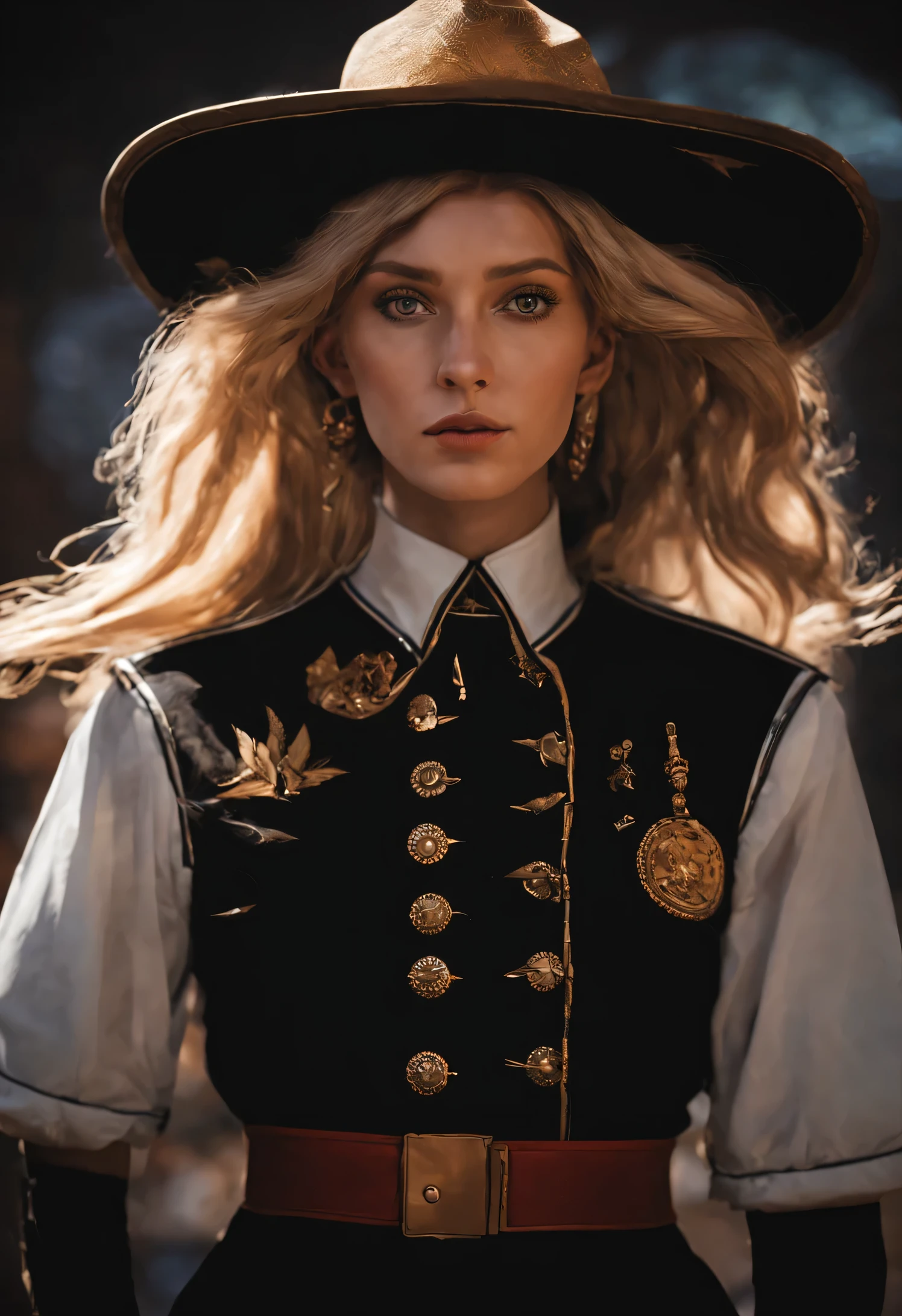 (Front Focus), (In the Dark: 1.6), Surrealistic Female Portraits by David Hockney and Alphonse Mucha, Perfect Beauty 1:1 Fantasy Art, Photo Realism, Dynamic Lighting, ArtStation, Poster, Volumetric Lighting, Very Detailed Faces, 4 K, Award-Awarded, 1girl, In the Dark, Deep Shadow, Low Key, Cowboy Shot, (Official Uniform: 1.4), Long Hair,