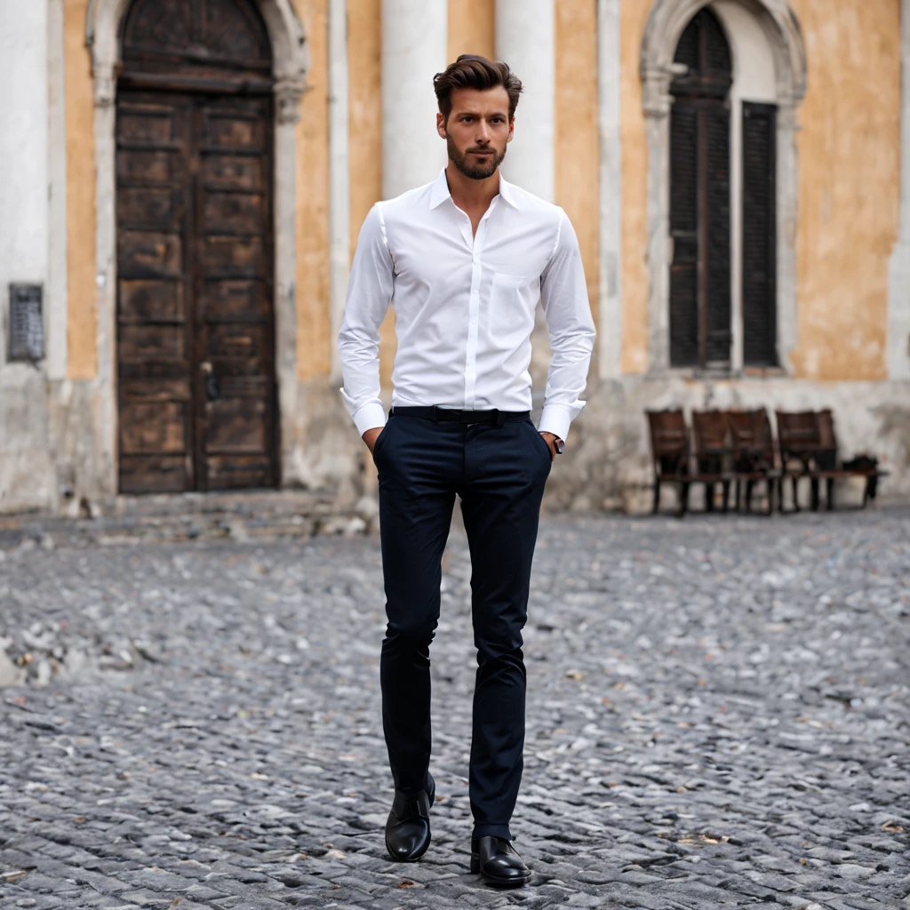 , italienischer Mann, 27 Jahre, Drei Tage Bart, kurze schwarze Haare, nachtblaue Anzugshose, White shirt, dunkle schuhe large piazza, Mittagssonne, ernster Blick, in die Ferne schauend, Full Body Picture,