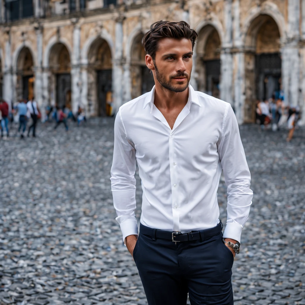 , italienischer Mann, 27 Jahre, Drei Tage Bart, kurze schwarze Haare, nachtblaue Anzugshose, White shirt, dunkle schuhe large piazza, Mittagssonne, ernster Blick, in die Ferne schauend, Full Body Picture,
