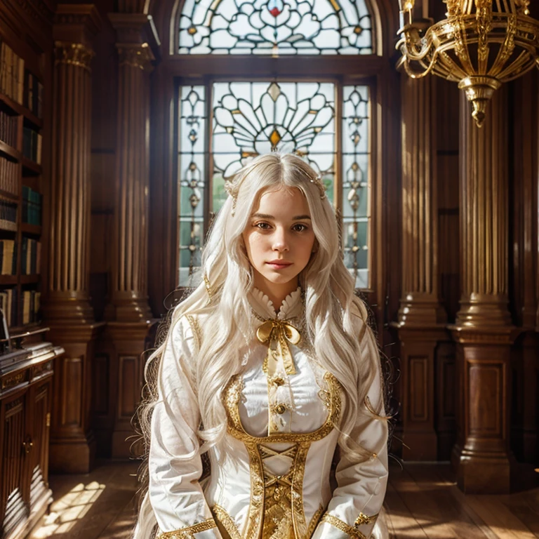 young woman, long wavy white hair, wearing prince's outfit with gold details, detailed Victorian hall, books, chandeliers, large windows, sun rays.