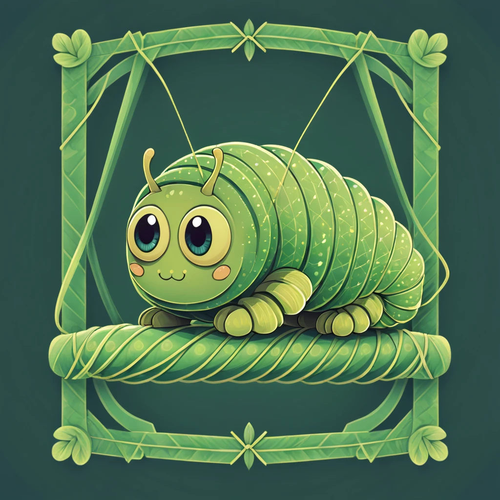 A bright green caterpillar with huge eyes wrapped up in string, in card art style