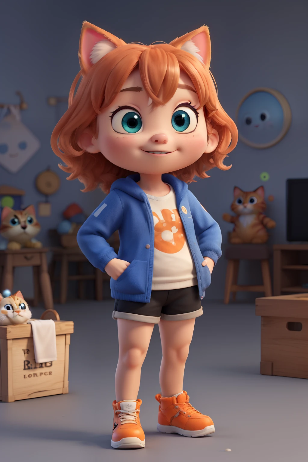 Kawaii chibi orange and white tabby cat chubby and cute 3d render, hands on hips, wearing jersey jacket, orange bitcoin shirt shorts, 1pc, big blue eyes, Lovely, happy, c4d, pop matte blind box, Toy, solid color background, chibi, Fluorescent translucent, glow, Bubble Mart Blind Box, Pixar, intricate details, 3d rendering, mixer, Overclocked renderer, dh detail, 8k, studio lighting, SD character: 1.1, garden city background
