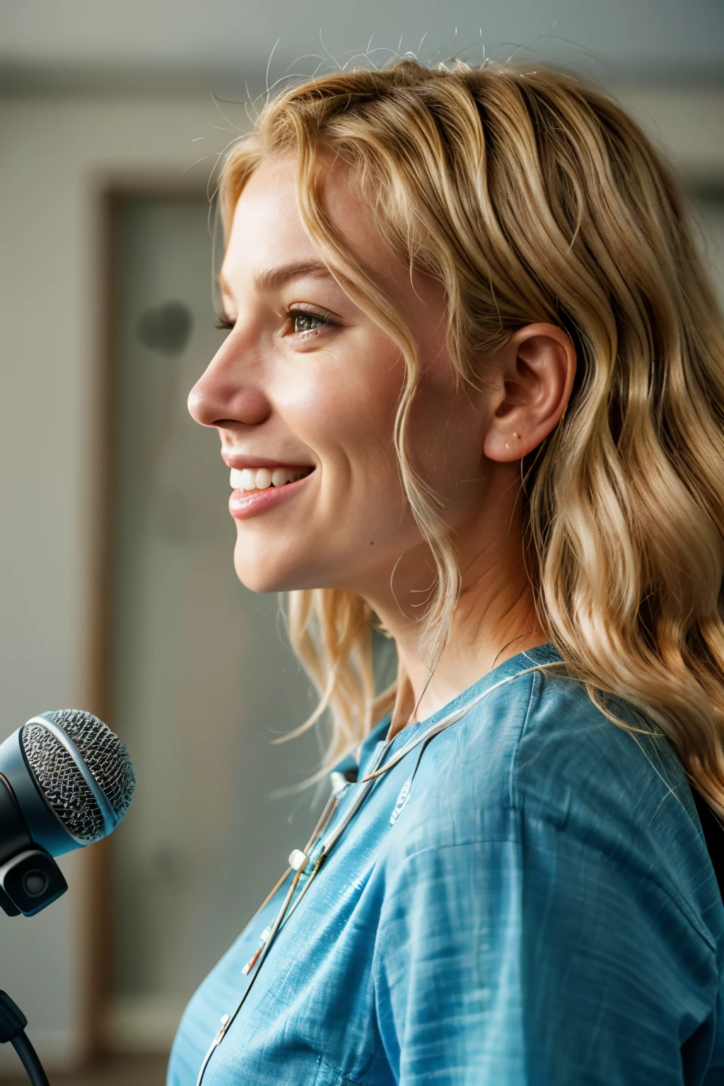 Ultra-realistic beautiful lady with a smile on her face, podcast artist, blonde wavy hair, speaking into microphone, right profile