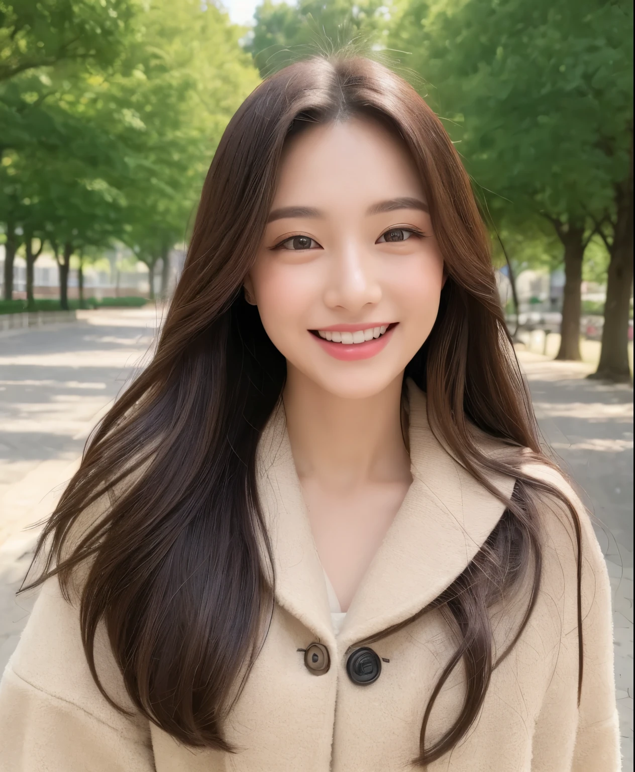 ((highest quality、In 8K、masterpiece:1.3))、1 girl、Beautiful woman with plump abs emphasized:1.3、(long hair、huge boobs:1.2)、inside the park、Super delicate face、healthy、double eyelid、toothy smile、wearing winter clothes、Looking at the camera、a big smile、look at me、Look at me with your eyes wide open、Cozy feeling、Exercise in the park