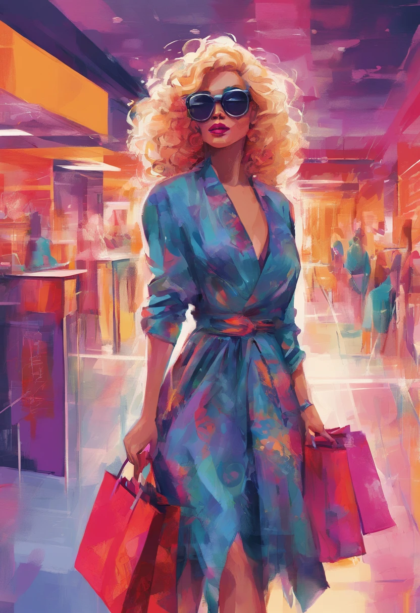 Portrait of  a woman walking in a mall.  Shopping mall. Full body. Holding bags. Full lips. Neon makeup. Pop art style. wearing sunglasses. Big curly hair. Red nails. Detailed hands. Detailed eyes. 1980s fashion. Highly detailed, ultra high definition. 80s vibe, 2d vector illustration portrait,  beautiful,  vibrant,  digital art, beautiful painting,  realistic,  detailed,  painting by olga shvartsur,  svetlana novikova,  fine art, soft watercolor, Flowing dress, Crossed eyes.