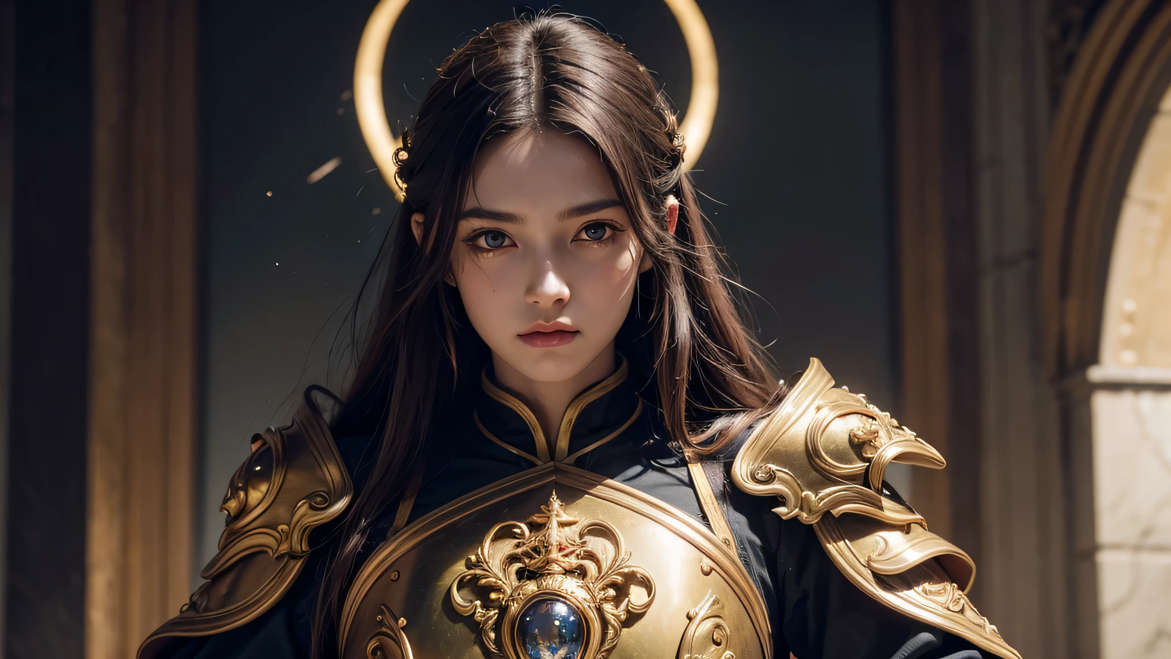 (Absurdres, Intricate Details, Masterpiece, Best Quality, High Resolution, 8k), 1 male, thin, young, aged up, masked, finely detailed eyes and face, auburn low-fade hair, amber eyes, portrait, looking at viewer, solo, half shot, detailed background, (light fantasy theme:1.1), focusing, mercenary, sunshine, floating scraps, color plate armor, divine aura, bright realistic lighting, marble castle, intense atmosphere, circlet, coat of arms, brazier, , Depth of Field, VFX.