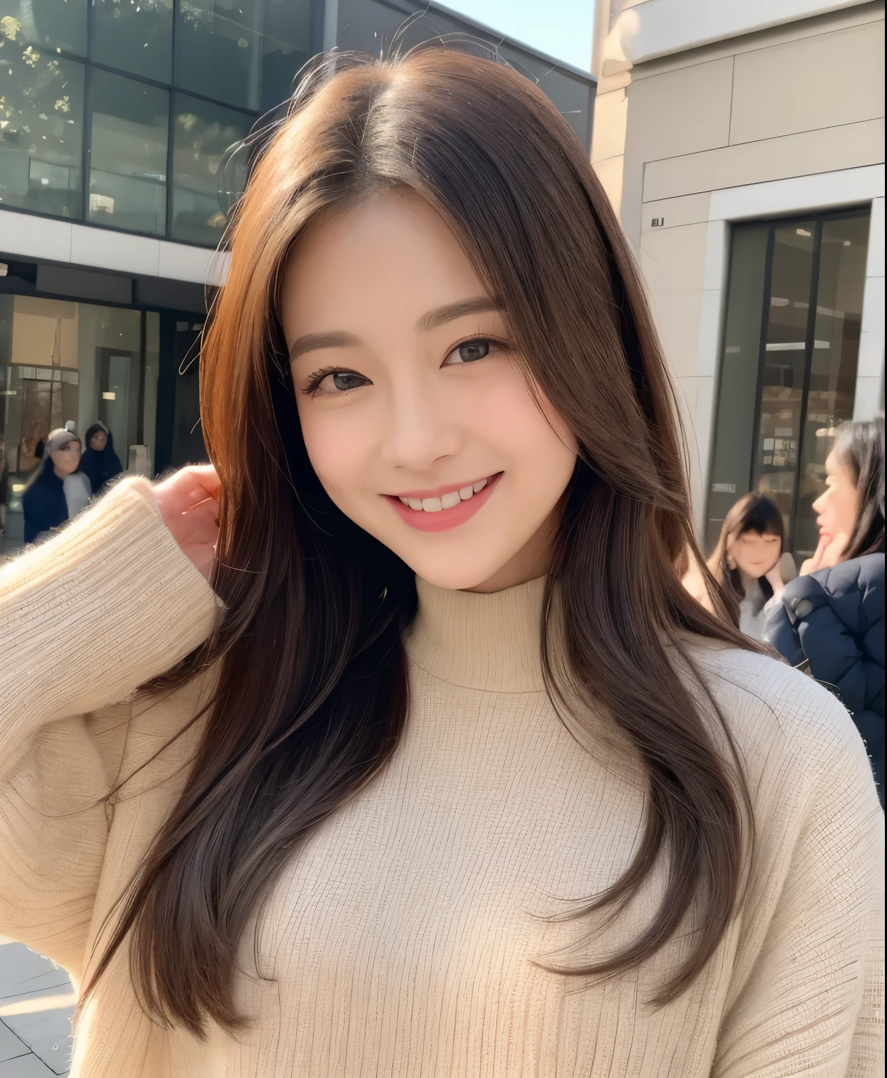 ((highest quality、In 8K、masterpiece:1.3))、1 girl、Beautiful woman with plump abs emphasized:1.3、(long haired person、big breasts:1.2)、in the city、super delicate face、sound、double eyelid、toothy smile、worn inside the shirt、look at the camera、big smile、Look at this、Look at me with your eyes wide open、Cozy feeling、Walking around town、winter clothes