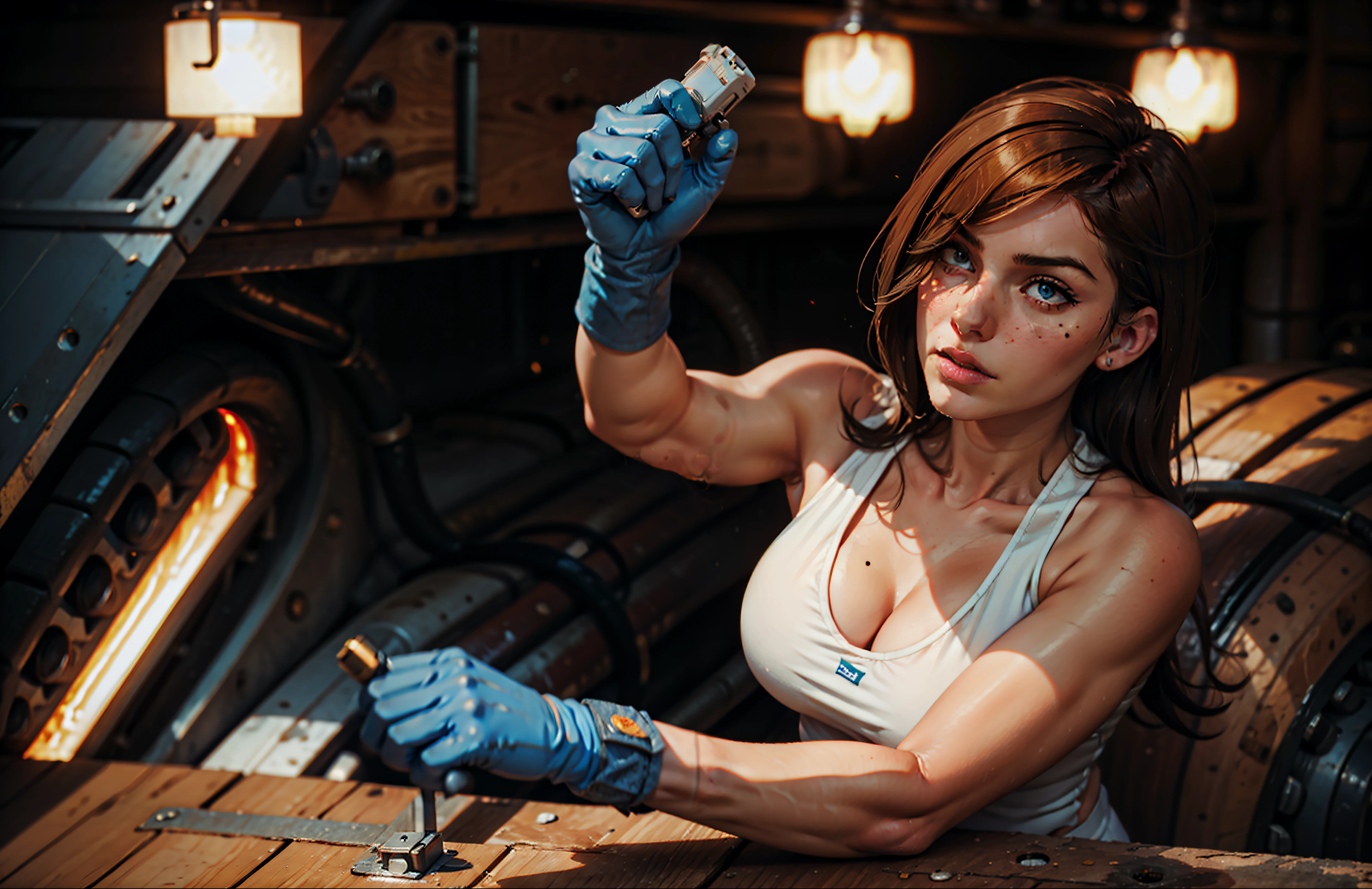 a woman checking a safety gear operating valve at a refinery building site, 1girl, ((28 years old, American)), realistic, gloves, female focus she wears a white helmet, she wears a blue tank top, cleavage, she wears white gloves, ((saggy breasts:1.1, small breasts:0.7)), natural breasts, long hair, dark chestnut hair, emo_hairstyle:1.52, cinematic lighting, muscular body, moles on her chest, concentrated