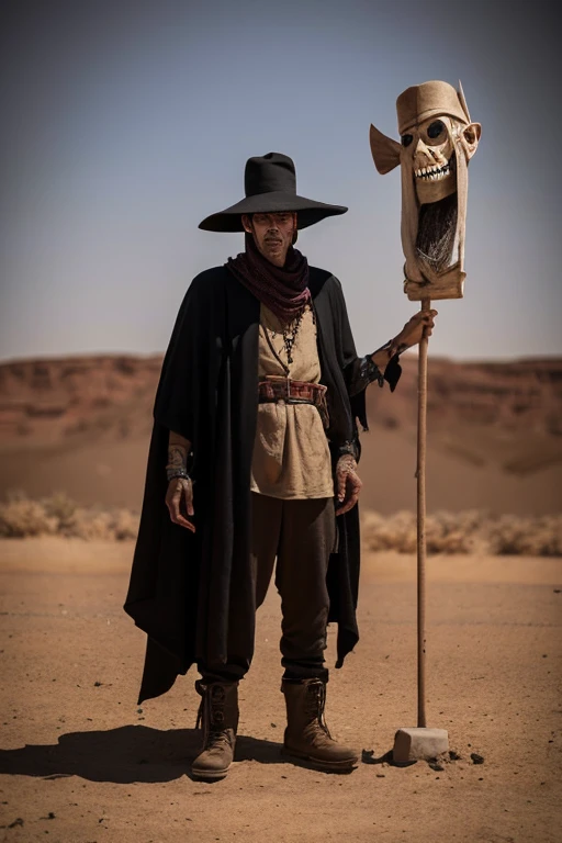 A male sorcerer similar to a tall man with a scary and completely evil face and with messed up clothes in a hot and dry desert with a scary and mysterious hat killing an innocent woman and a real picture without animation and skelet