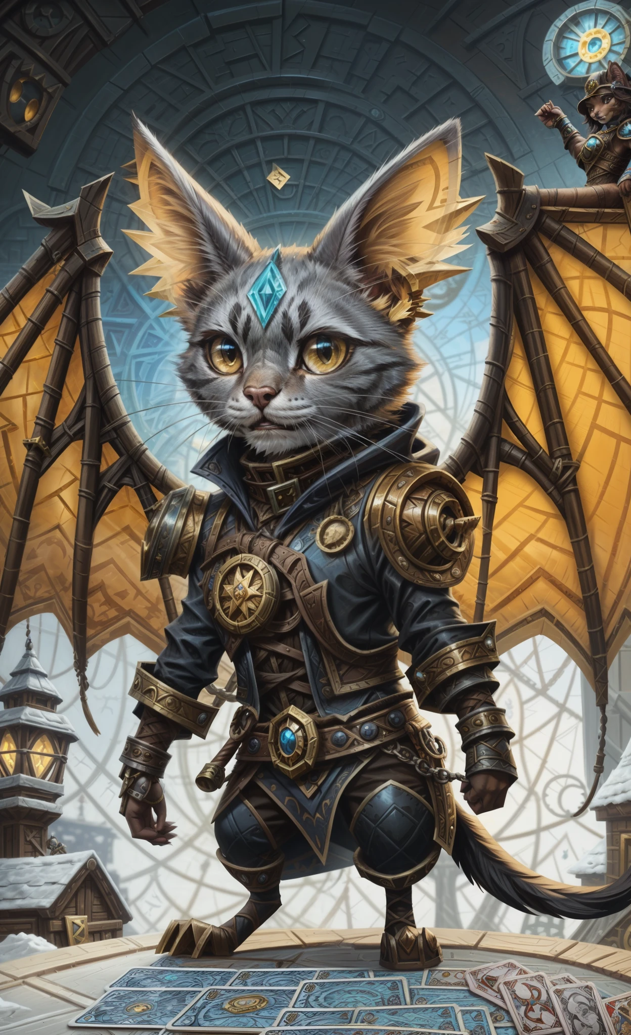 there&#39;s a cat with a bat on his back and a helmet, steampunk cat, furry fantasy art, armored cat, fantasy card game art, collectible cards, Card game design Hearthstone, cat warrior, Wojtek fus, from hearthstone, Knight of the Golden Cat's Armor, Hearthstone Map Cover, hearthstone concept art, Card game design Hearthstone. », Cute chintz cat in steampunk style